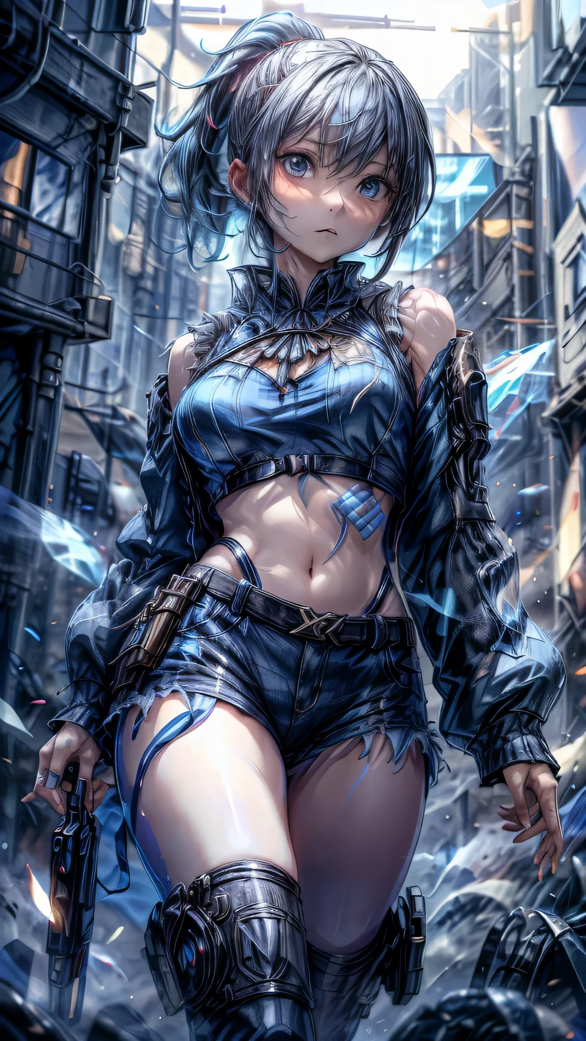 最high quality、best image quality、masterpiece、girl((20-year-old、 By becoming、vest bust、medium bust,wide open breast tea、shining eyes, light blue hair、long hair、thin,highest valley、ponytail、action of looking up、full body bandage、purple and black hoodie、berry shorts)),high quality、beautiful art、background((cyberpunk city))、Flight、debris flies、Depth of written boundary、movie、visual art、perfect art、8k,genuine、