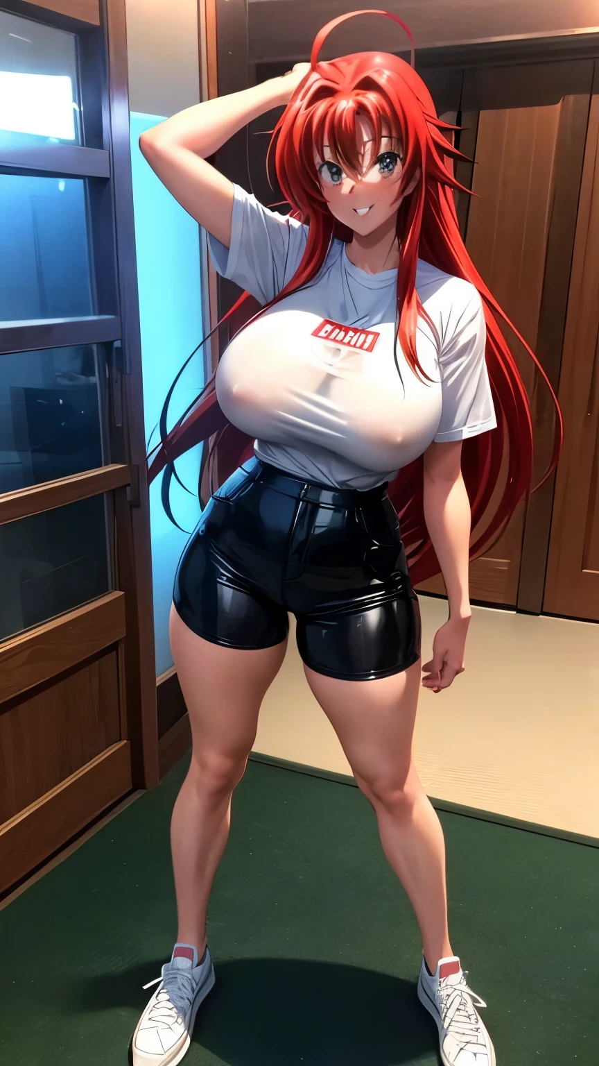 Rias Gremory, High school DxD, Ahoge, adult female, Large transparent white t-shirt, Tight black shorts, White sneakers, Round sunglasses, Posing in the photo, Smiling, Very happy, Huge breasts, Thick thigh, Tokyo at night background