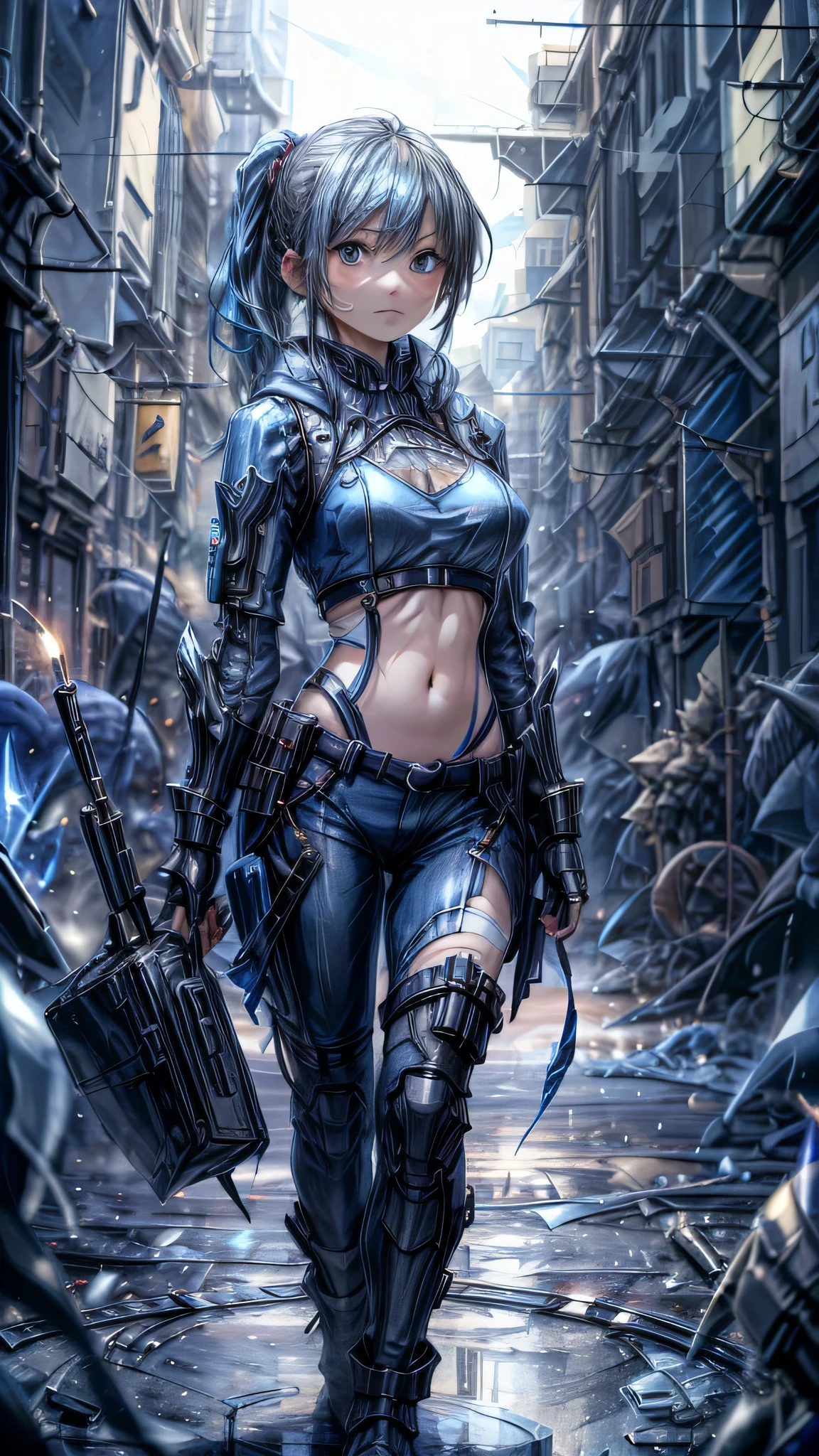 最high quality、best image quality、masterpiece、girl((20-year-old、 By becoming、vest bust、medium bust,wide open breast tea、shining eyes, light blue hair、long hair、thin,highest valley、ponytail、action of looking up、full body bandage、purple and black hoodie、berry shorts)),high quality、beautiful art、background((cyberpunk city))、Flight、debris flies、Depth of written boundary、movie、visual art、perfect art、8k,genuine、