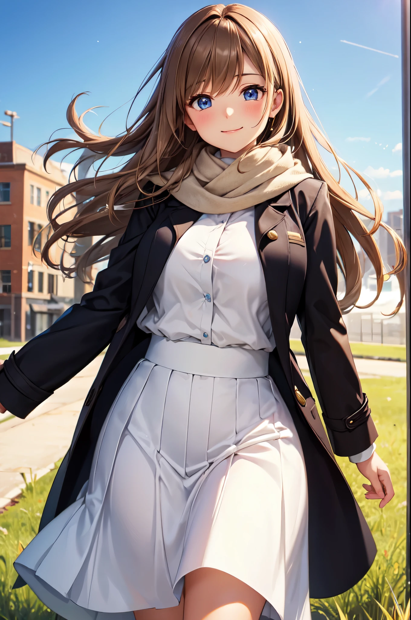 (High quality, High resolution, Fine details), field of grass, BREAK (Long black coat), BREAK (Long white skirt), Woolen scarf, solo, curvy women, BREAK light brown hair, sparkling eyes, (Detailed eyes:1.2), smile, blush, shallow depth of field
