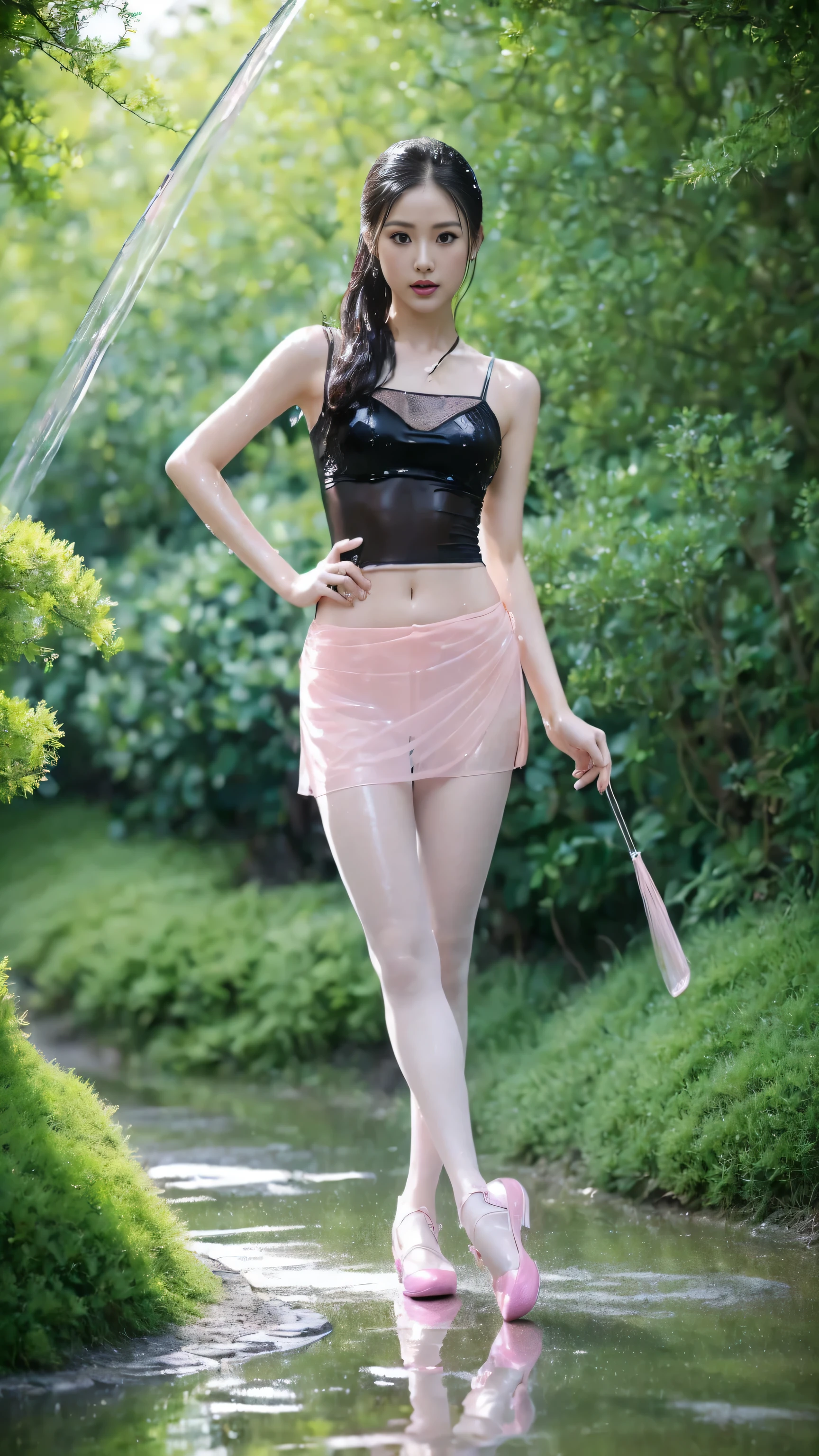 ((best quality, 8k, Flesh-colored transparent lace underwear, standing in the rain, , Highly detailed facial and skin textures, exquisite eyes, double eyelids.)color,High heel