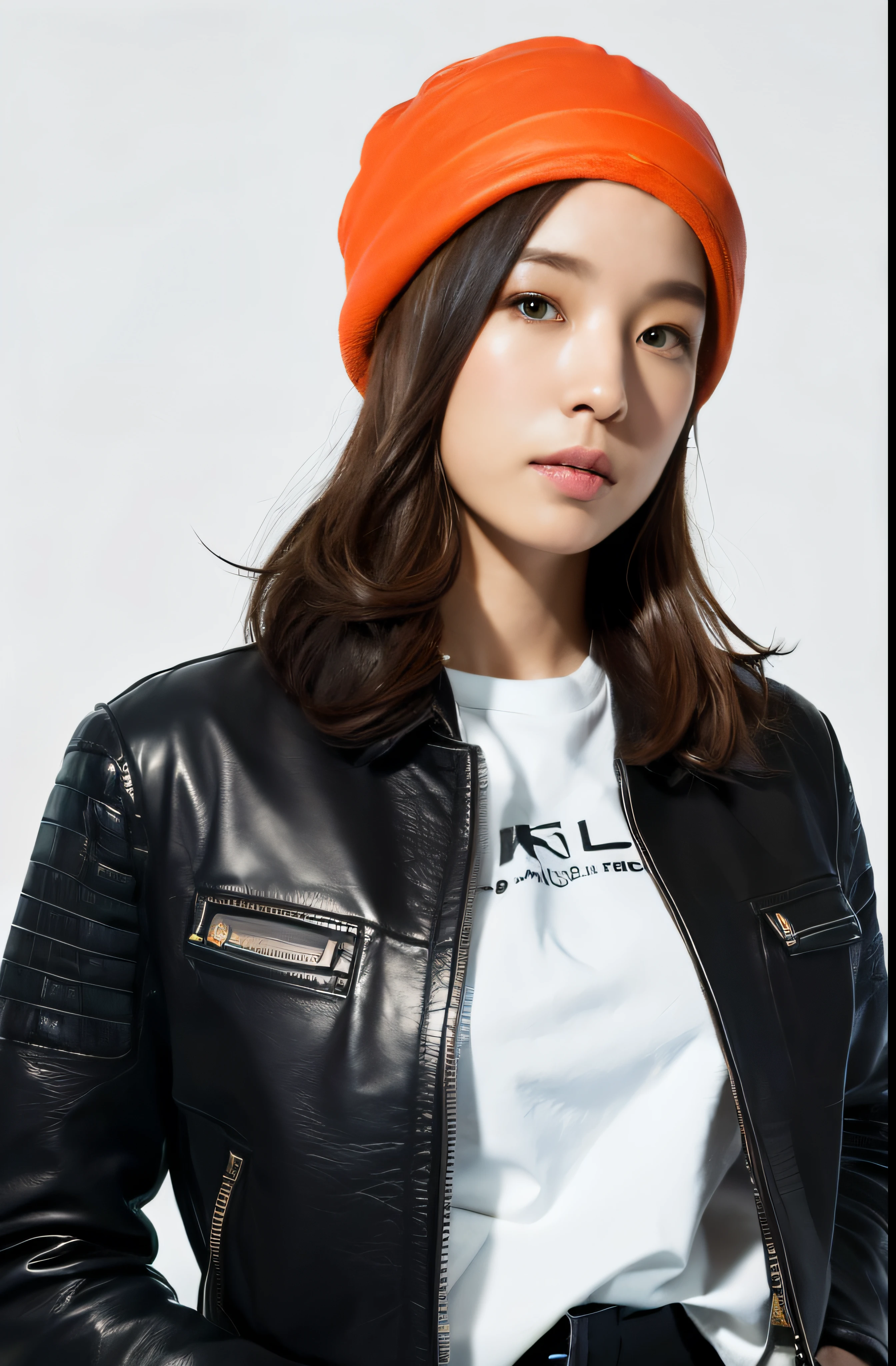 ( (8k:1.27), best quality, masterpiece, ultra highres:1.2) Photo of Pretty Japanese woman (beautiful:1.1) (sci-fi warrior woman:1.1) space soldier, (beanie:1.61) (leather jacket:1.21) intricate elegant, fantasy, detailed, ometric by greg rutkowski and alphonse mucha, gradient lighting