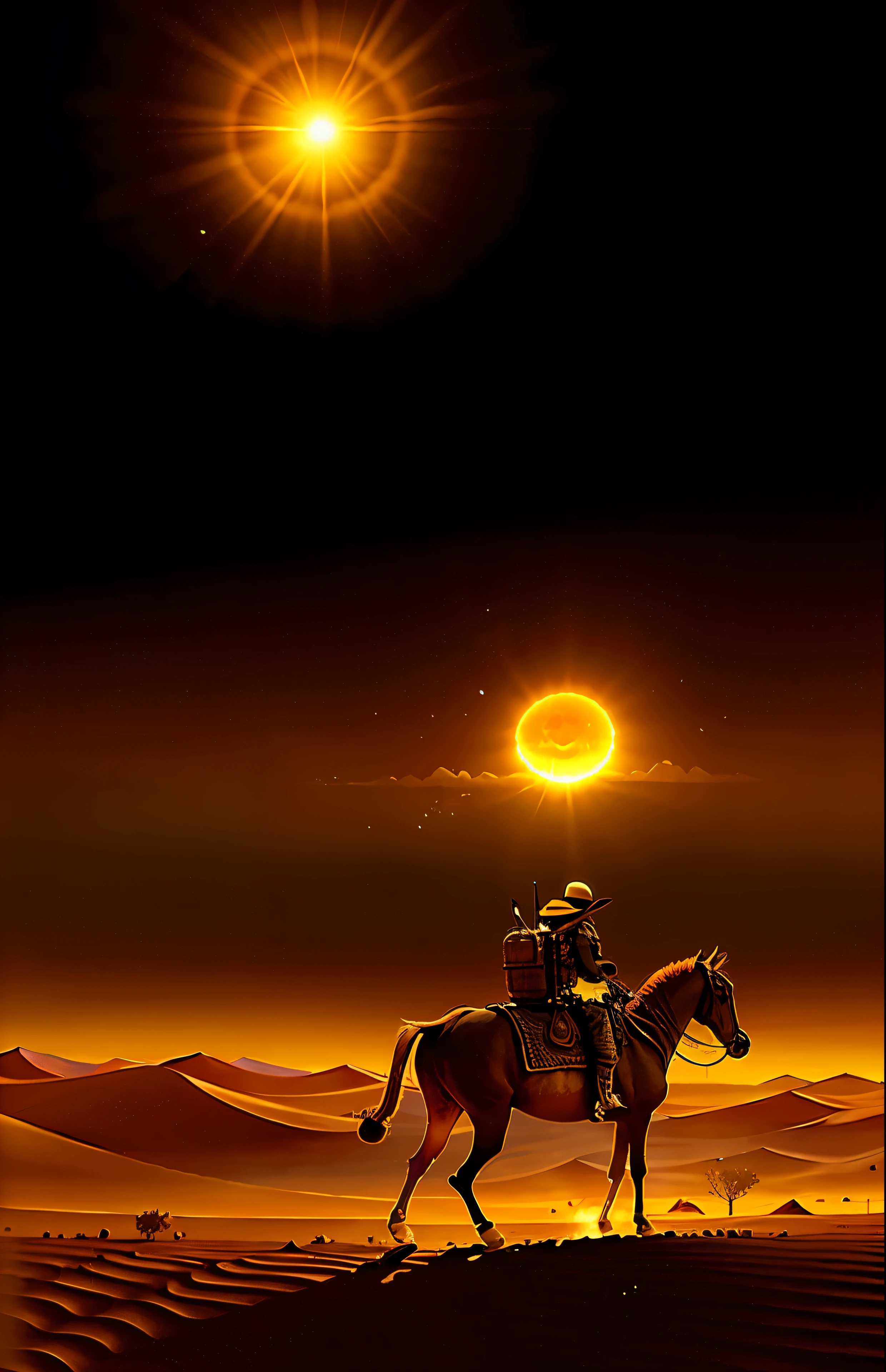 Very charming sun over Sertau, desert, With a blend of orange, Roses and yellow. The head of a dead bull in the desert sands, the flag of Libya flutters, a soldier returning from war ancient egypt