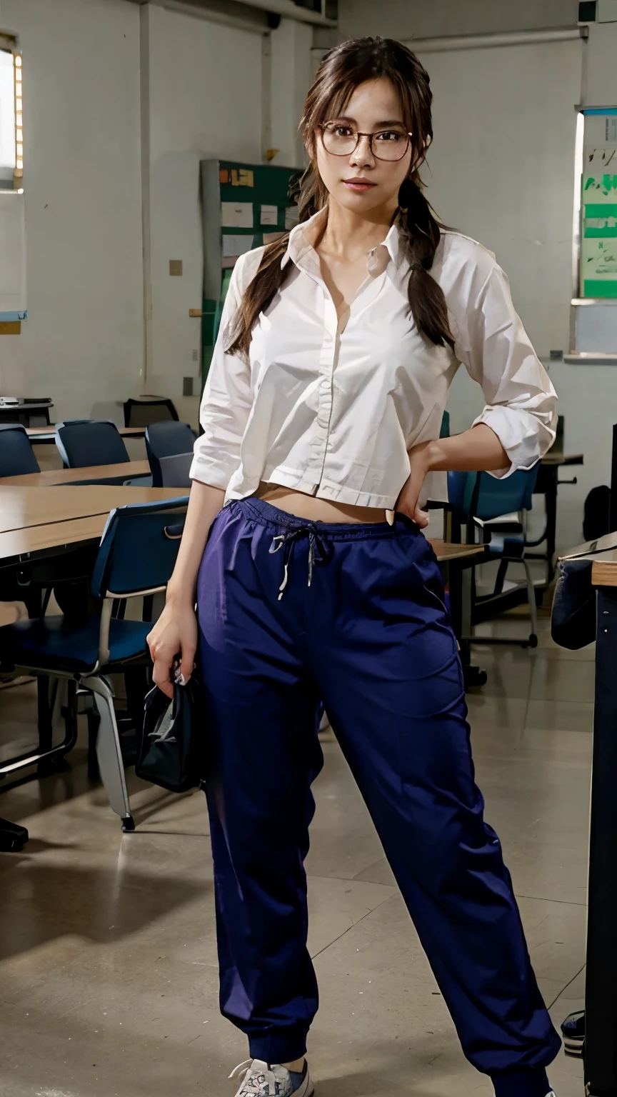 Julia chang from tekken. glasses. track pants, formal shirt. classroom.