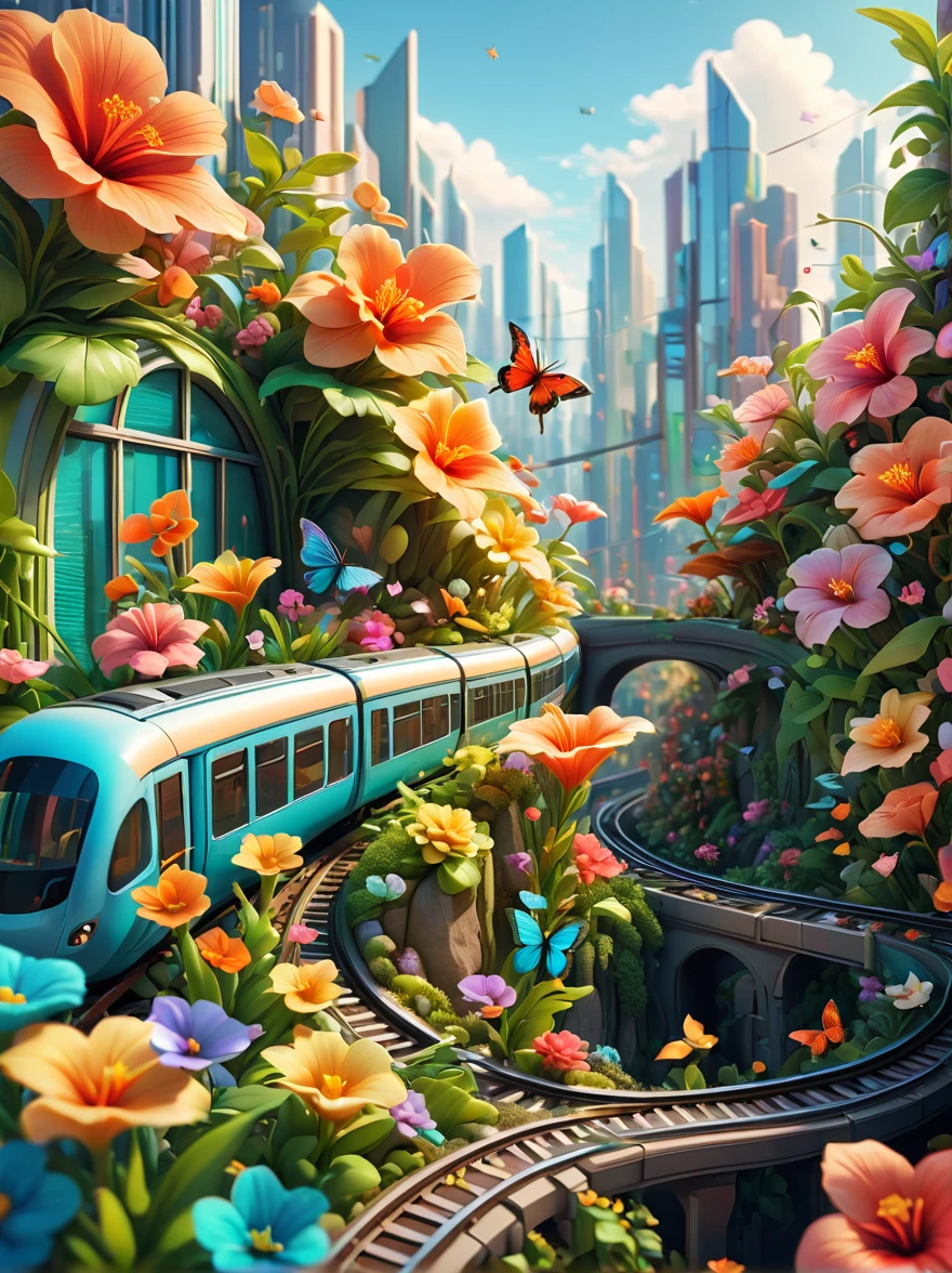 (city of flowers:1.5),Flowers,A modern city composed of flowers,city illustration,city building,((A long train bound for spring flowers)),Travel on the urban viaduct composed of modern flowers,winding,Cute butterflies dancing,hibiscus flowers in bloom,sunny,The scene is cheerful,breath of spring,soft natural light,3D rendering miniature scene design,miniature diorama,transparent material,pipeline transport materials,Colorful,futuristic,Graphic design inspiration illustration,Sinsing Render,Blender,Unreal Engine,HDR, HD,best quality