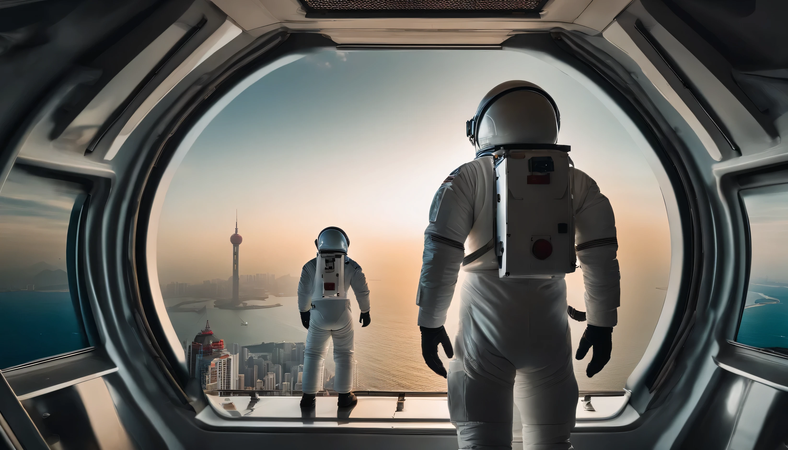 Rear view of three astronauts wearing white spacesuits，The scenery is the Shenzhen-Hong Kong-Macao Greater Bay Area