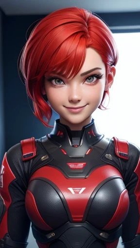 1girl, smile, red short hair, close up, futuristic clothes, in bedroom 