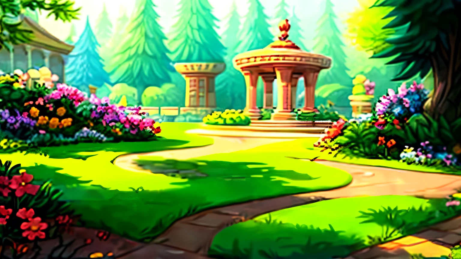 Cartoon illustration of garden with flowers, royal Garden background, background art, park background, background artwork, palace background, mobile game background, Garden background, royal garden landscape, 2D game art background,sunny park background, 2D game environment design, stylized concept art, 