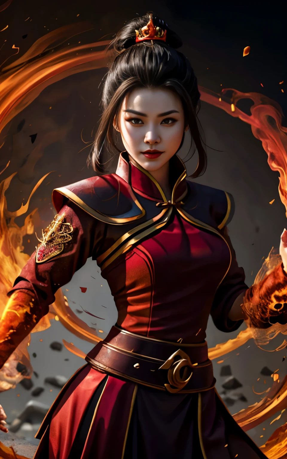 Azula in a red dress with a dragon on her chest, inspired by Ju Lian, fire mage, inspired by Li Mei-shu, half invoker half megumin, big breast, inspired by Pu Hua, appears as the fire goddess, bian lian, inspired by Cao Buxing, heise jinyao, the fire queen, fire dress, she has fire powers,  