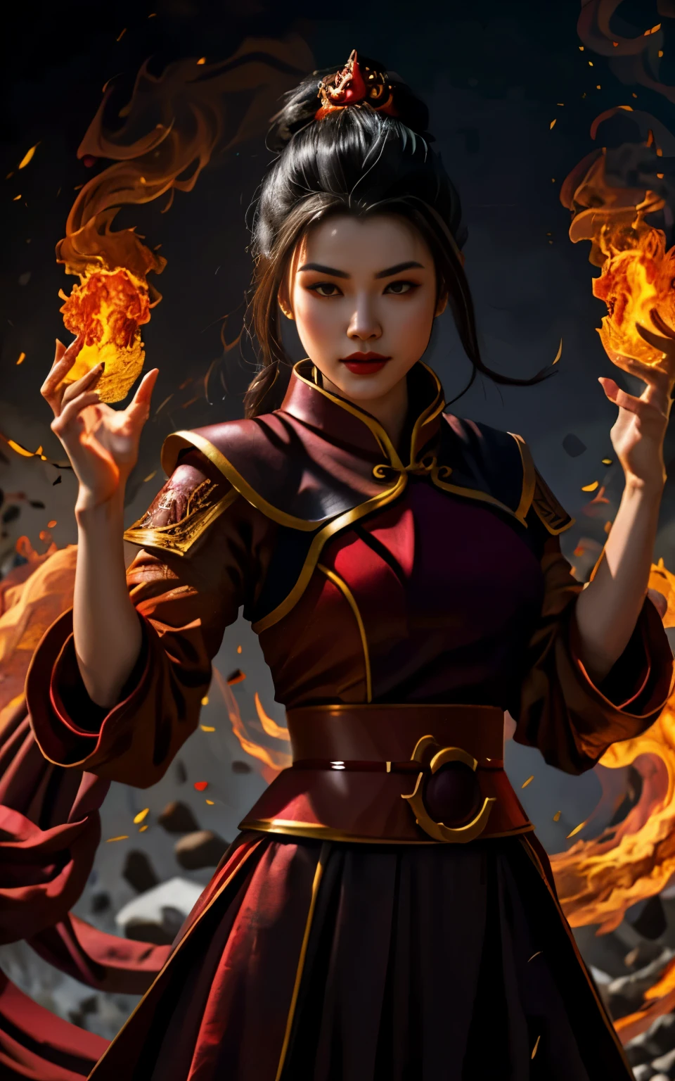 Azula in a red dress with a dragon on her chest, inspired by Ju Lian, fire mage, inspired by Li Mei-shu, half invoker half megumin, big breast, inspired by Pu Hua, appears as the fire goddess, bian lian, inspired by Cao Buxing, heise jinyao, the fire queen, fire dress, she has fire powers,  