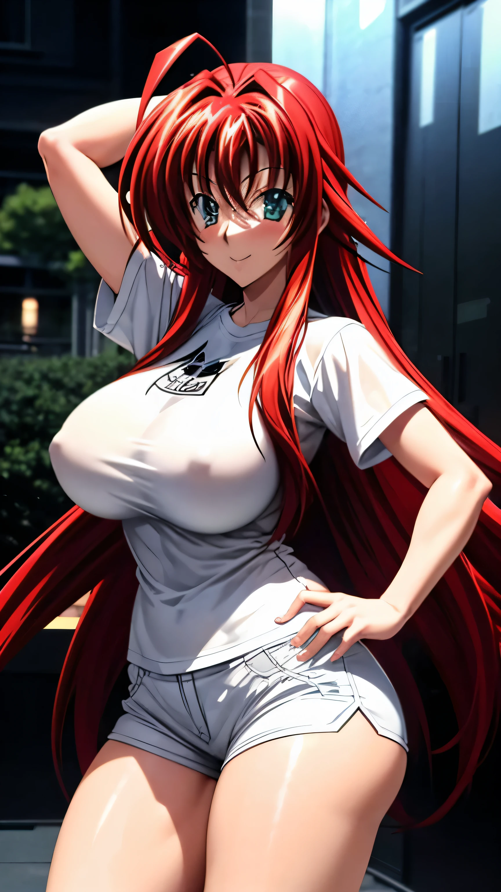 makeup makeup, high school dxd, obra de arte, alta qualidade, ahoge, Mulher adulta, Camiseta grande branca transparente, shorts pretos justos, White sneakers, round sunglasses, posando na foto, sorridente, muito feliz, Seios enormes, coxa grossa, Tokyo at night