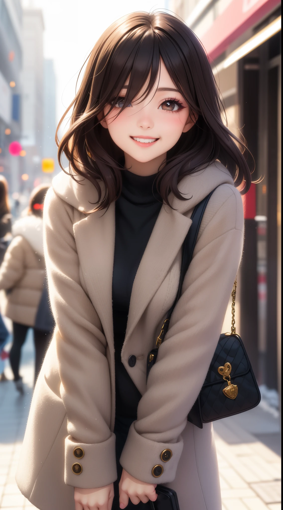 ((dropping eyes)), cute girl, vibrant colors, soft natural lighting, bokeh effect. winter outfit, flawless makeup, professional photography, street snapshot, vibrant colors, (smile, laughing), 