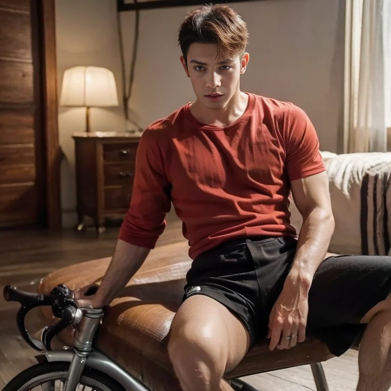 Boy, male body, adult, girl face, seductive face, seductive look, redhead, short wolf hair, perfect body, fit body, fulfilled sleeve shirt, muscular, , cycling shorts with pretuberance, pretuberance, sissy, femboy
