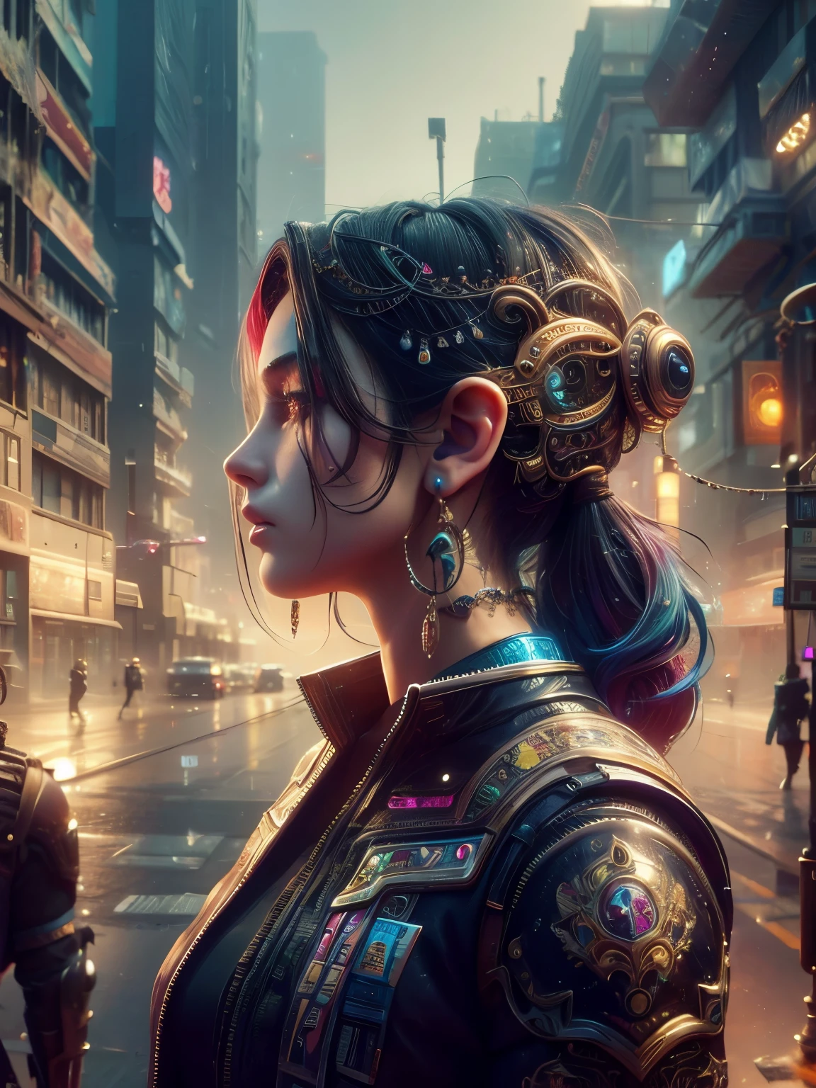 Hyperrealistic portrait of a 18 year old girl with intense gaze, intricate facial tattoos, colorful hair, and vibrant lighting. Set against a dystopian cityscape background, reminiscent of cyberpunk art. Masterpiece digital artwork by Greg Rutkowsky and Hayao Miyazaki.