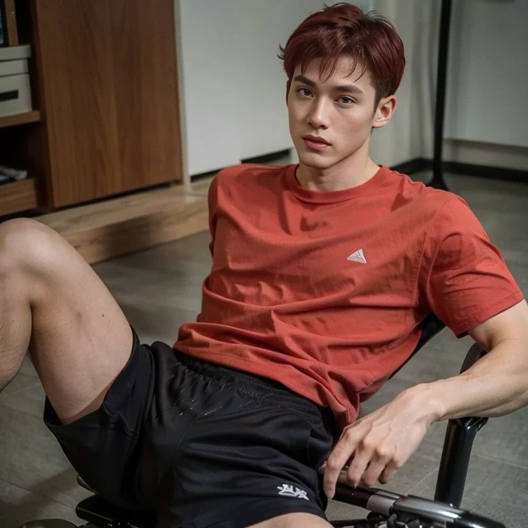 Boy, male body, adult, girl face, seductive face, seductive look, redhead, short wolf hair, perfect body, fit body, fulfilled sleeve shirt, muscular, , cycling shorts with pretuberance, pretuberance, sissy, femboy
