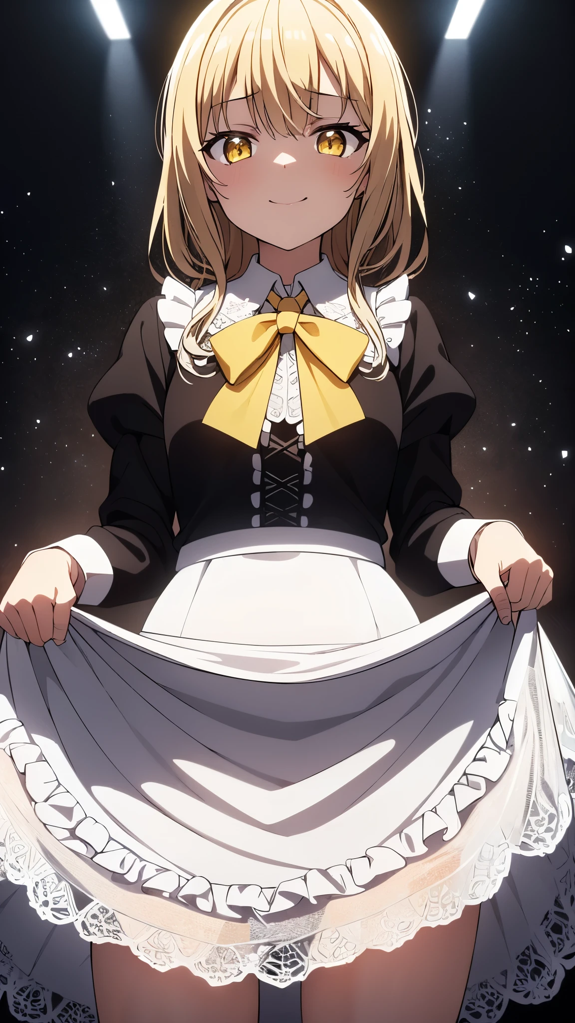 Idol, masterpiece, highest quality, beautiful face, disorganized, HDR, (cowboy shot, White Ruffle Lace Mini Dress, white collar, white ruffle cuff, particle: 1.5), (bloom, shine: 1.4), (smile), (blonde short, yellow eyes: 1.7), sharp focus, realistic, High resolution, most detailed, super detailed, detailed face and eyes, sharp pupils, real students, sharp focus, Glossy skin, (black corset: 1), (Dark studio, dark background: 1.5), rim lighting, dynamic and cinematic lighting, (((skirt lift: 1.3)))), ((I can see white pants))),