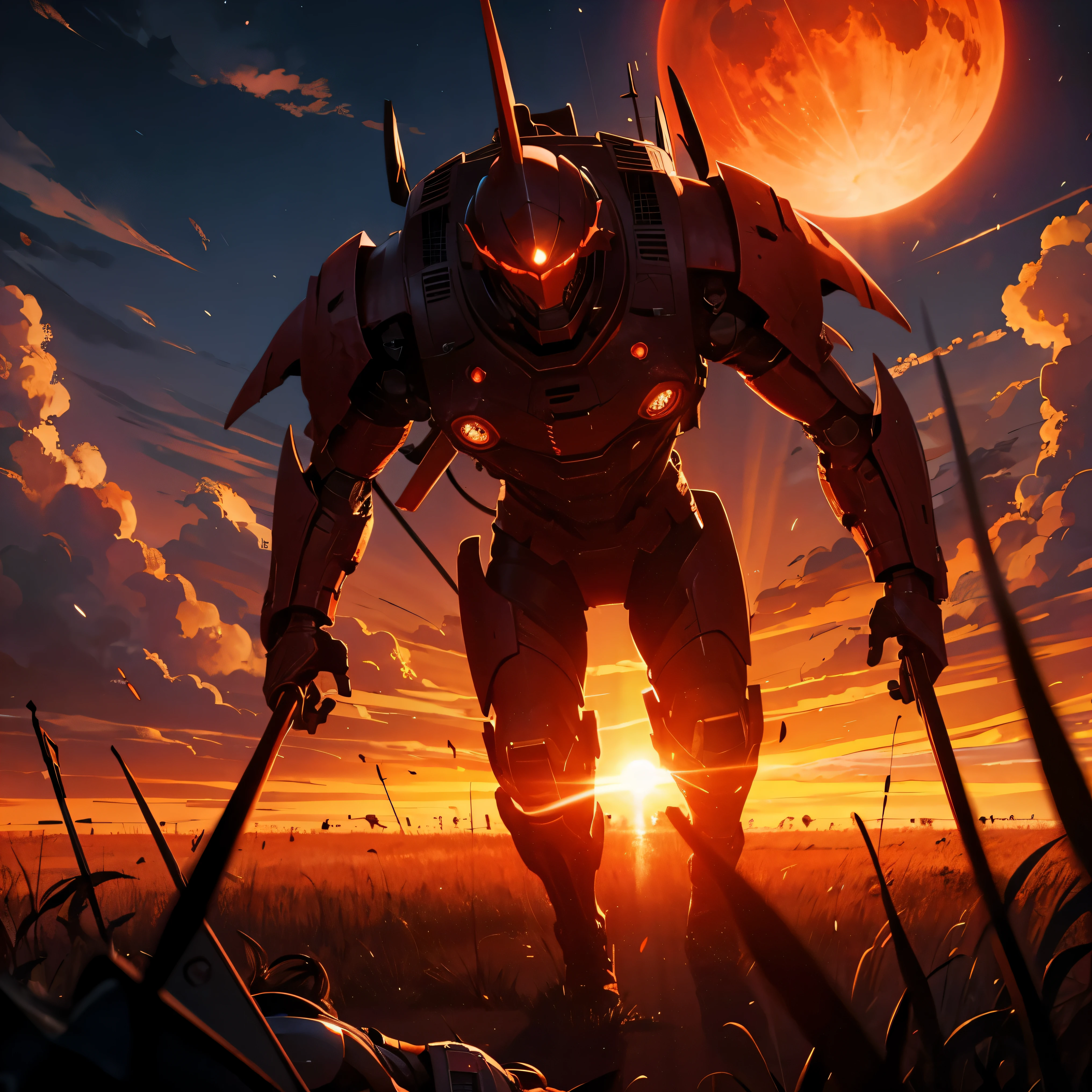 Immense red sun, battlefield, corpses