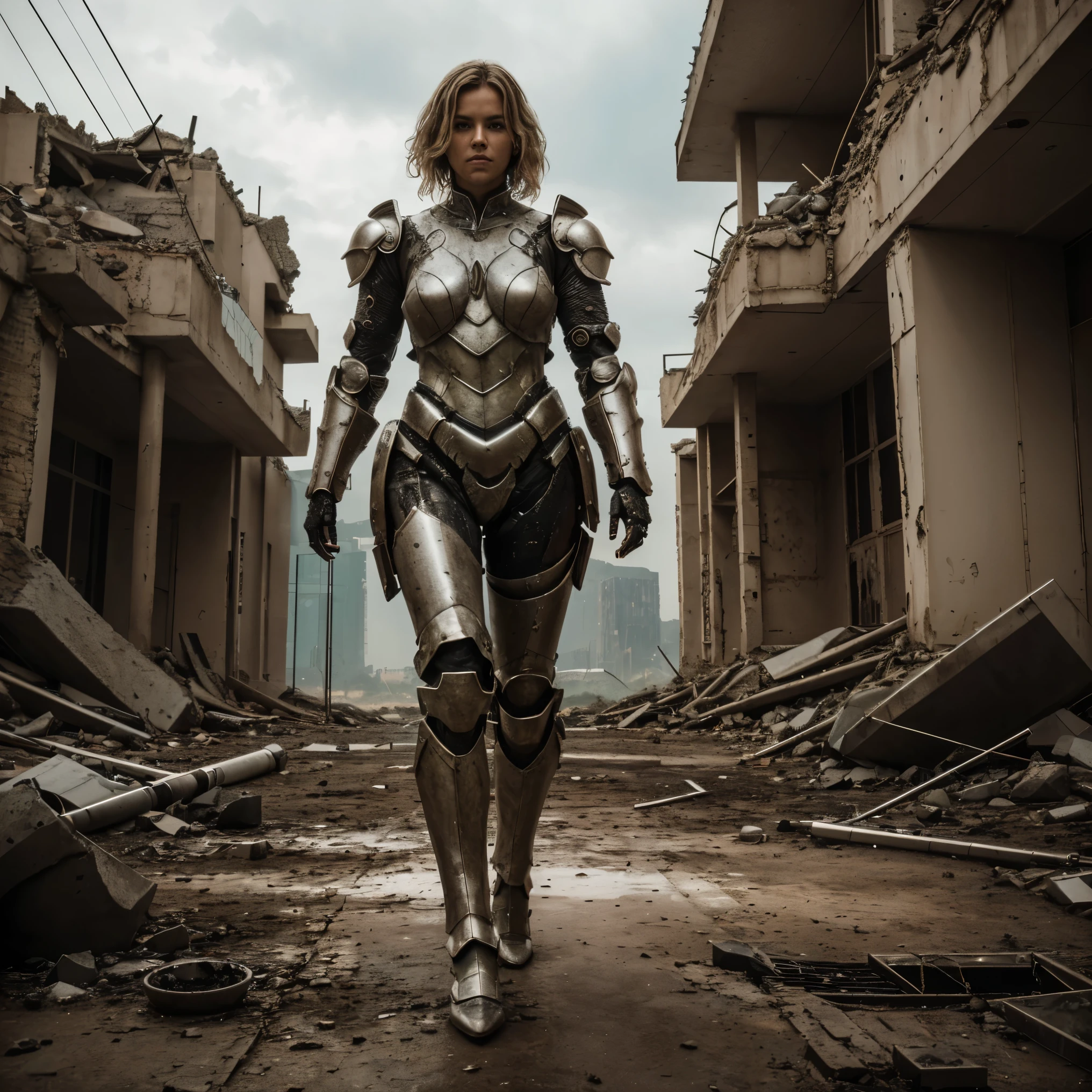 A beautiful blonde woman with (messy hair) walking alone the street of a ((ruined after war city)), there is a night, she has detailed ((futuristic armor made of glass:1.4)), mechanical parts, ((glass suit)), dark lighting on scene, (ruined city), 4k extremely photorealistic (ultra-high res.photorealistic:.1.4, (high detailed dirty skin:1.4)), dirty face, dslr, high quality, film grain, (masterpiece) (sharp focus) full body shot, curve hips