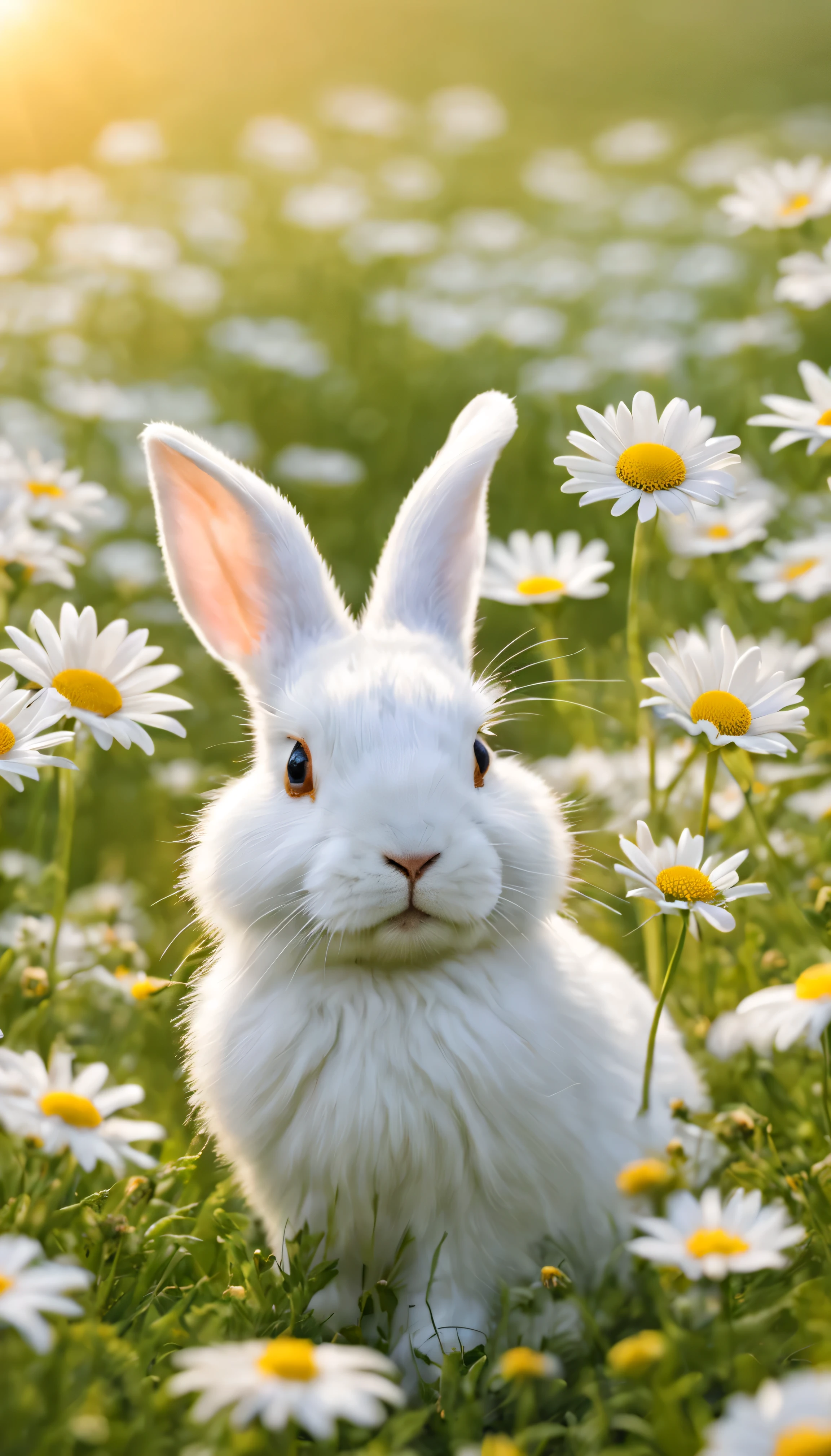 Photo of little white rabbit sitting in a flower field，Countless colorful flowers of all kinds.Flower sea background(HD)，(best quality,4k,8k,high resolution,masterpiece:1.2),super detailed,(actual,photoactual,photo-actual:1.37),Flower sea view,spring landscape,beautiful blooming flowers,clear blue sky,golden sunshine,bright colors,peaceful atmosphere,Peaceful and peaceful,Picturesque scenery,depth of field，Large aperture，photography，volumetric fog，halo，flowering，dramatic atmosphere，sunny morning.Clear outlook，There are tall green daisies