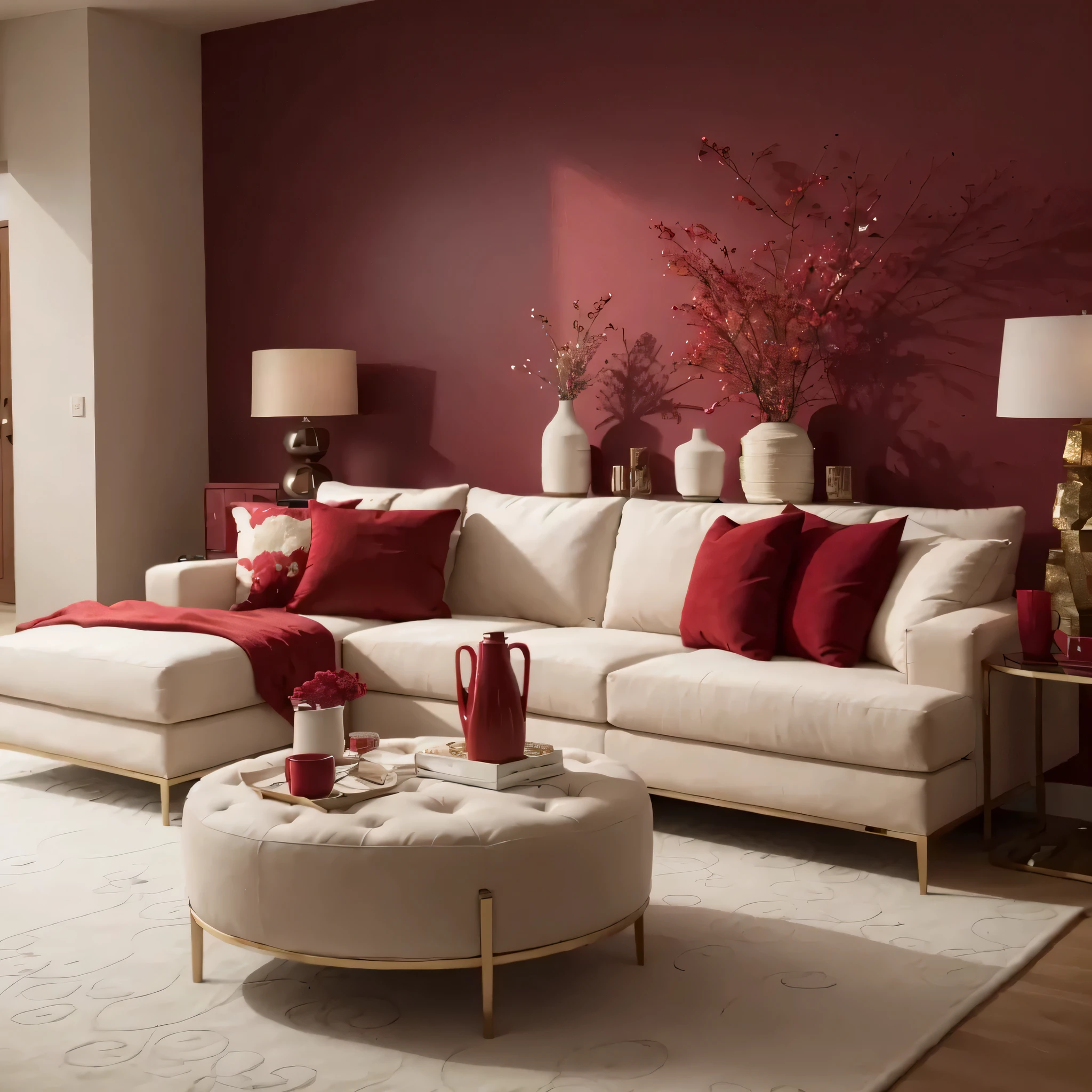 arafed living room with a white couch and a red accent wall, furniture and decor, crimson and ecru color scheme, warm colored furniture, red white and gold color scheme, luxury furniture, maroon accents, red and brown color scheme, white and red color scheme, elegant furniture, red brown and white color scheme, gold and red accents