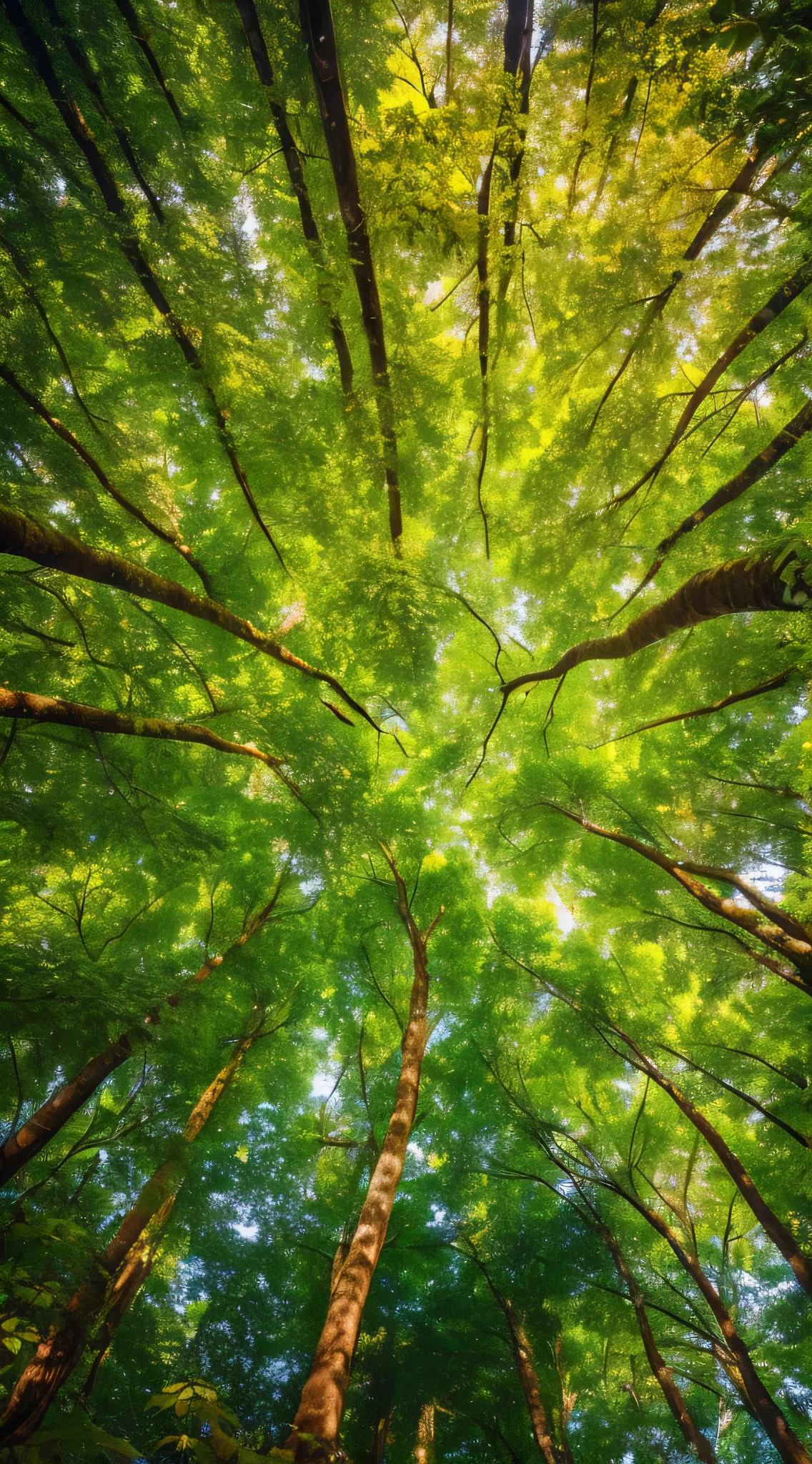 a view up into the canopy of a forest, nature trees, forest trees, low angle 8k hd nature photo, green trees, lush green forest, lush trees, green forest, lush forests, beautiful forests and trees, high trees, trees with lots of leaves, lush forest, surreal canopy, perspective from below, tall large trees, the treetops of giant oaks