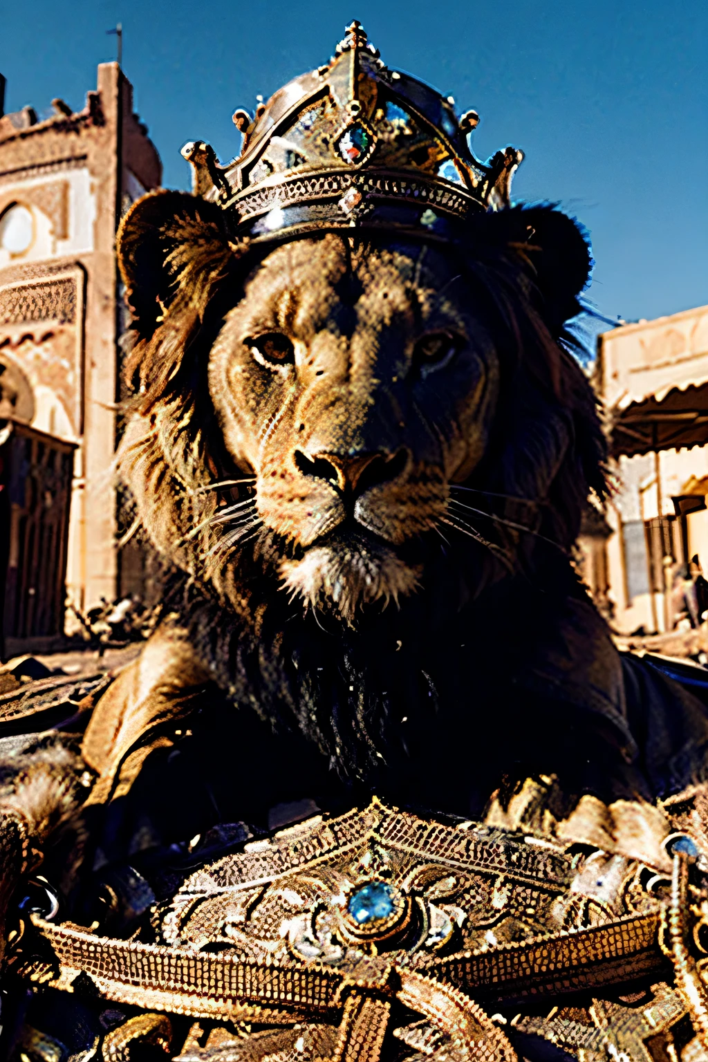 LION ATLAS BEAST IN THE CENTER OF MOROCCO SCENE WITH LARGE CROWN DECORATED WITH DIAMONDS AND D'emeralds. ATMOSPHÈRE POSTAPOCALYPTIQUE