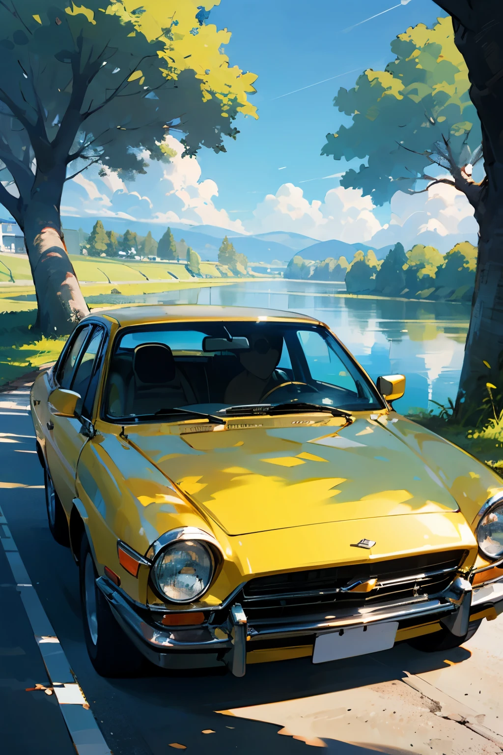 Car by a river bank in trees shadow,blue sky, dazzling sun