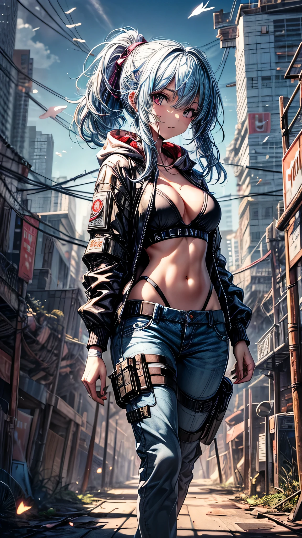 最high quality、best image quality、masterpiece、girl((20-year-old、 By becoming、vest bust、medium bust,wide open breast tea、shining eyes, light blue hair、long hair、thin,highest valley、ponytail、action of looking up、full body bandage、purple and black hoodie、berry shorts)),high quality、beautiful art、background((cyberpunk city))、Flight、debris flies、Depth of written boundary、movie、visual art、perfect art、8k,genuine、