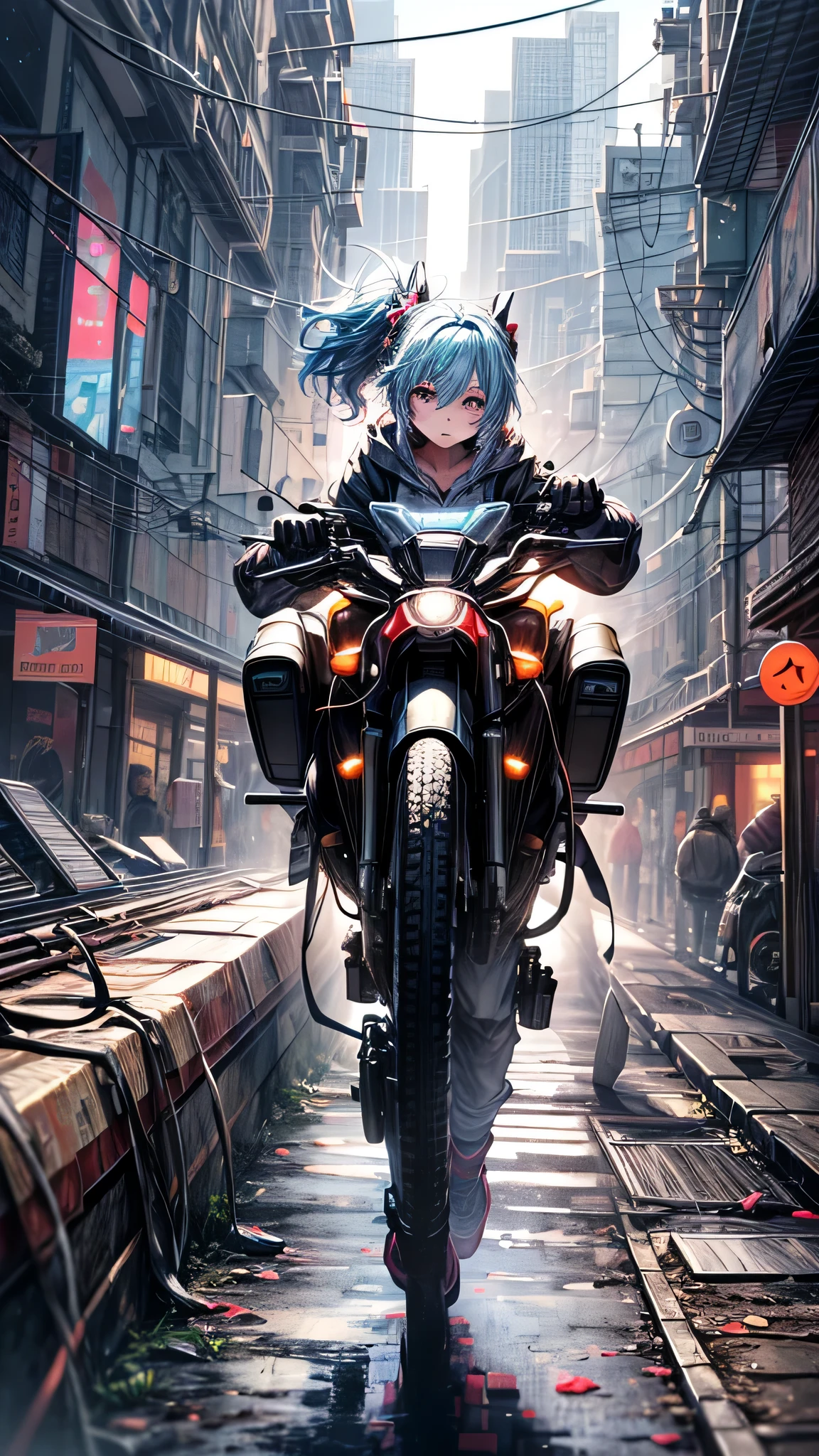 最high quality、best image quality、masterpiece、girl((20-year-old、 By becoming、vest bust、medium bust,wide open breast tea、shining eyes, light blue hair、long hair、thin,highest valley、ponytail、action of looking up、full body bandage、purple and black hoodie、berry shorts)),high quality、beautiful art、background((cyberpunk city))、Flight、debris flies、Depth of written boundary、movie、visual art、perfect art、8k,genuine、