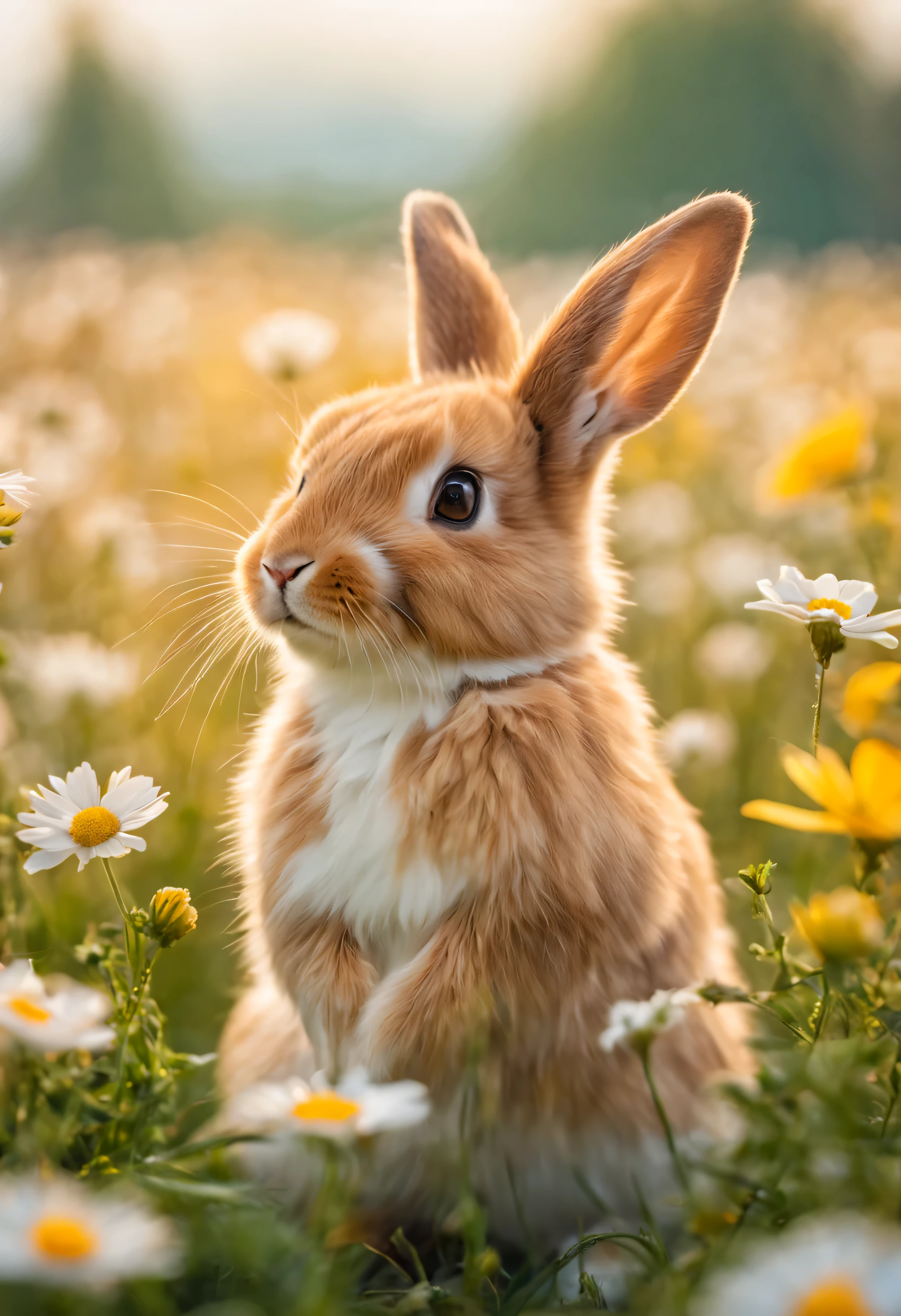 Photo of little white rabbit sitting in a flower field，Countless colorful flowers of all kinds.Flower sea background(HD)，(best quality,4k,8k,high resolution,masterpiece:1.2),super detailed,(actual,photoactual,photo-actual:1.37),Flower sea view,spring landscape,beautiful blooming flowers,clear blue sky,golden sunshine,bright colors,peaceful atmosphere,Peaceful and peaceful,Picturesque scenery,depth of field，Large aperture，photography，volumetric fog，halo，flowering，dramatic atmosphere，sunny morning.Clear outlook，There are tall green daisies