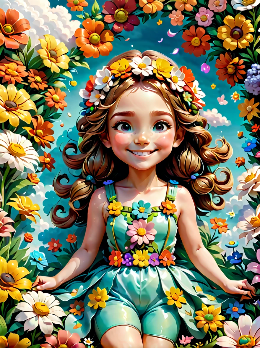 Cute little girl wearing a costume made of flowers lying among the flowers in the clouds，world of flowers，Happy smile，animation aesthetics，furry art，3d cable weave，Seamless full-screen pattern，Exquisite，Warm color scheme，8K，Ultra high detail minimalist background
