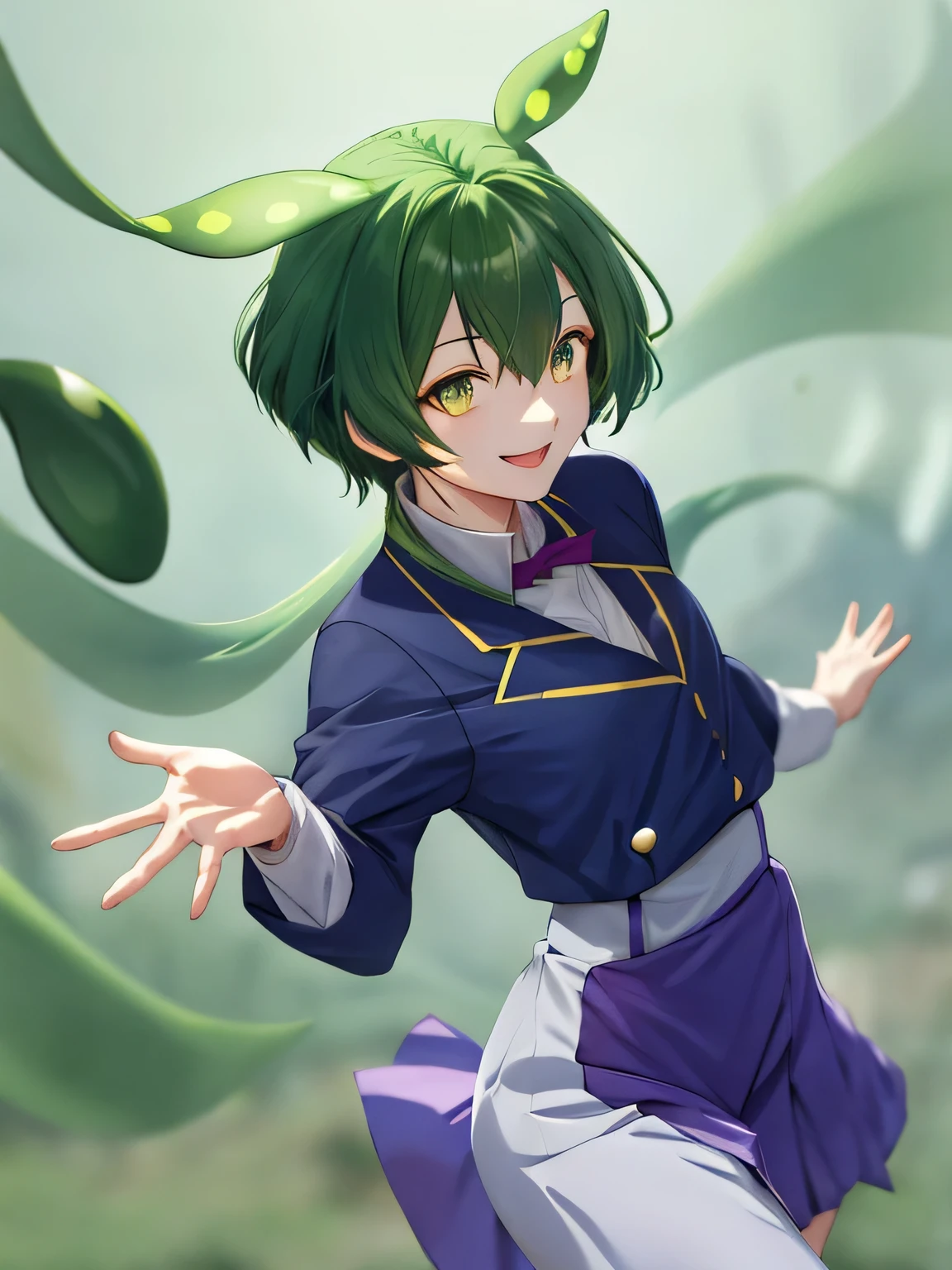 dark green hair、eyes are yellow、生意気なsmile、highest quality, very detailed, faint lips,University of California:realistic, Cinematic Lighting 1 Starry Sky Print, seductive seductive smile school_uniform, Upper body , 5 hands,- brown look_look_(Cheerleader):1.smile, Ground turf outdoor baseball field, ((jump on floating hair)) raise your head and hands