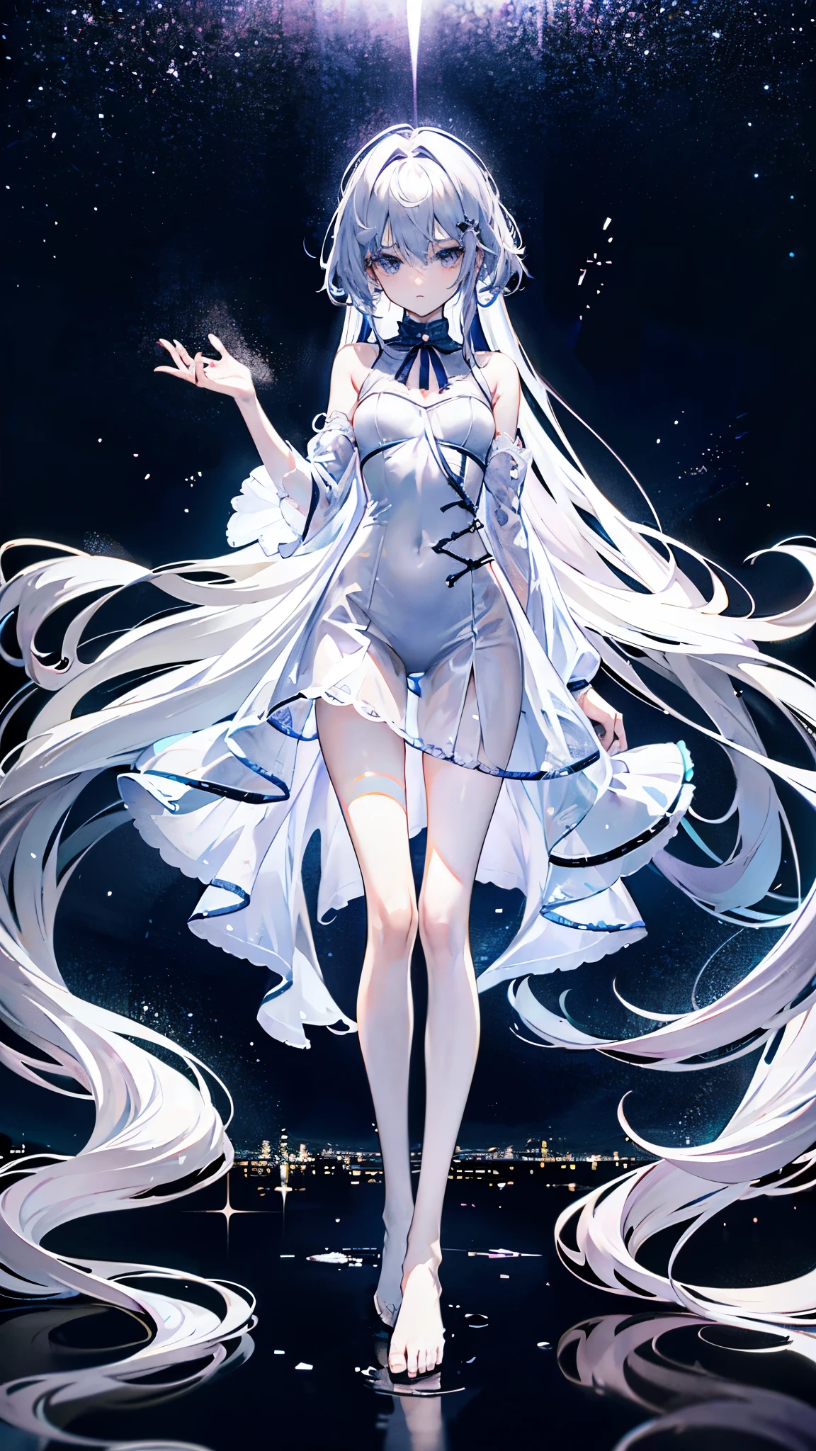 Lilac gradient hair,asymmetrical hair,((Hair is very thick 1.8,chiselled head 1.6)), hair past shoulders, messy hair, 很long头发, shiny hair,(long gray hair:1.2),a beautiful girl,(Luxury Platinum Mini Ultra Short Platinum ta,Made of transparent material),(Transparent clothes transparent 1.8),Perfect body,long, thin legs,slim,(looks sad,Looking haggard ,sad,shut up:1.2) Against the backdrop of an unusually bright dark starry sky,(Put your hands behind your back),(round,extra large size, strong chest),barefoot,float,water surface,(long legs,long legs,long legs,Legs wrapped in bandages),Full body image。