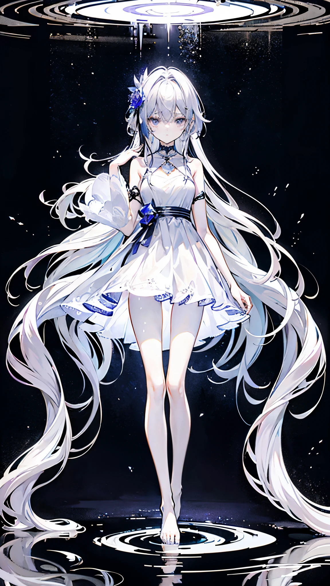 Lilac gradient hair,asymmetrical hair,((Hair is very thick 1.8,chiselled head 1.6)), hair past shoulders, messy hair, 很long头发, shiny hair,(long gray hair:1.2),a beautiful girl,(Luxury Platinum Mini Ultra Short Platinum ta,Made of transparent material),(Transparent clothes transparent 1.8),Perfect body,long, thin legs,slim,(looks sad,Looking haggard ,sad,shut up:1.2) Against the backdrop of an unusually bright dark starry sky,(Put your hands behind your back),(round,extra large size, strong chest),barefoot,float,water surface,(long legs,long legs,long legs,Legs wrapped in bandages),Full body image。
