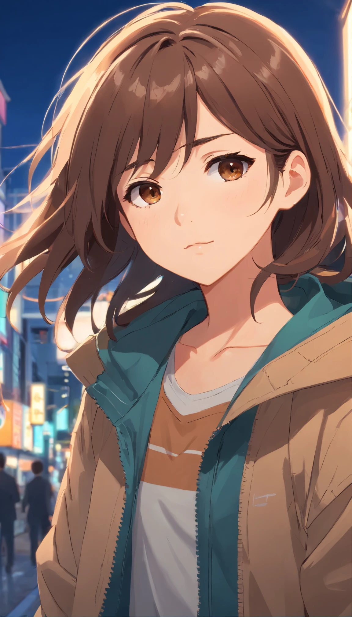 A beautiful and cute girl, wearing jacket, decent look, handsome girl, attitude, beautiful brown eyes, brown hair, cool style, 16y, detailed face, 8k