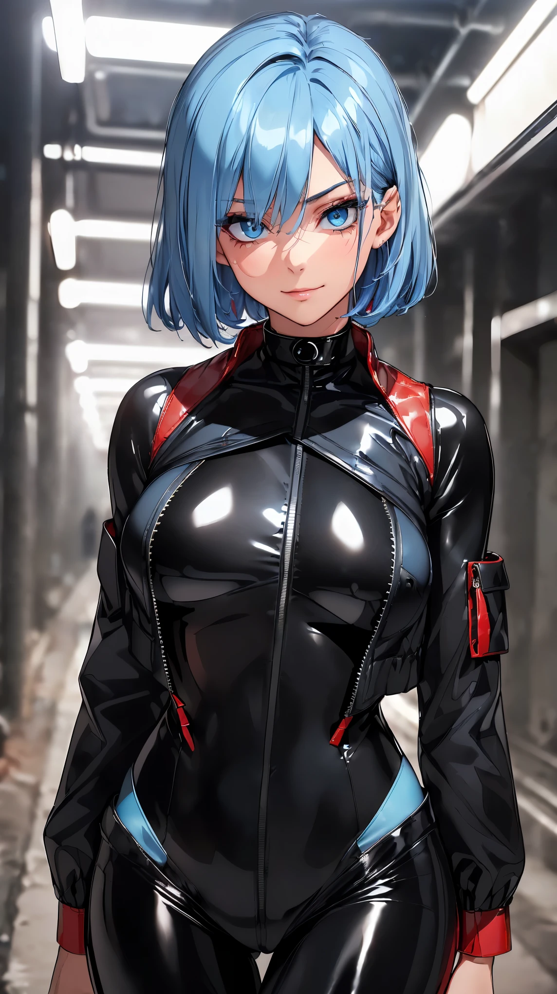 NSFW, (8k, RAW photo, 最high quality, masterpiece:1.2), High-definition RAW color photo, Professional photo shoot, cinematic light, alone, (((young woman))), (detailed expression), (round eyes), (small face), (high detail skin:1.2), clavicle, cute face, beautiful appearance, long eyelashes, beautiful chest line:1.5, (light blue hair, shortcut, blue eyes), (choker), (slim body shape:1.4, A woman with a slender figure and big breasts), very detailed顔と肌の質感, fine eyes, double eyelid, joy, (((mysterious smile))), ((facing the front)), (((dim underground facility:1.2))), ((Close-fitting red bodysuit,Rubber texture, Outer solid flap pocket crop jacket₋Black:1.5)), ((tight-fitting body suit, beautiful skin, shiny skin, perfect fingers, five fingers, anatomically correct, background bokeh, high quality, surreal, bright colors, ((Nikon, 135㎜, f/1.8, very detailed, photo shoot)),