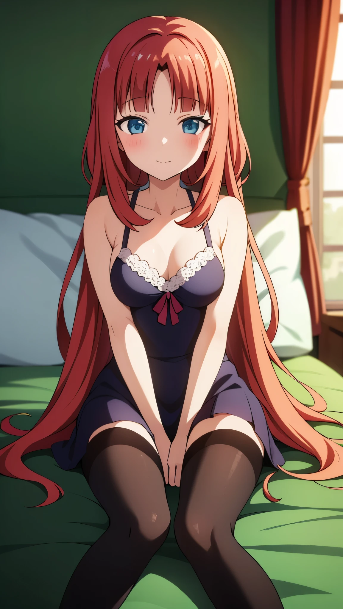 masterpiece, highest quality, 1 girl, korona kusakabe, lingerie, good, string, black legwear, blush, soft smile, Bedroom, blue sky