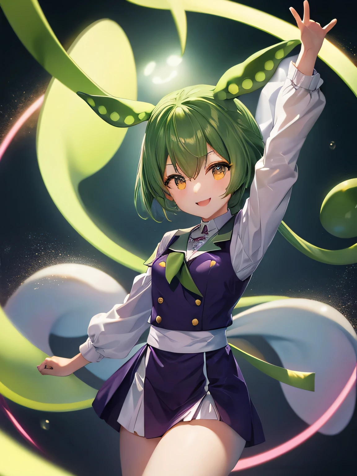 dark green hair、eyes are yellow、生意気なsmile、highest quality, very detailed, faint lips,University of California:realistic, Cinematic Lighting 1 Starry Sky Print, seductive seductive smile school_uniform, Upper body , 5 hands,- brown look_look_(Cheerleader):1.smile, Ground turf outdoor baseball field, ((jump on floating hair)) raise your head and hands