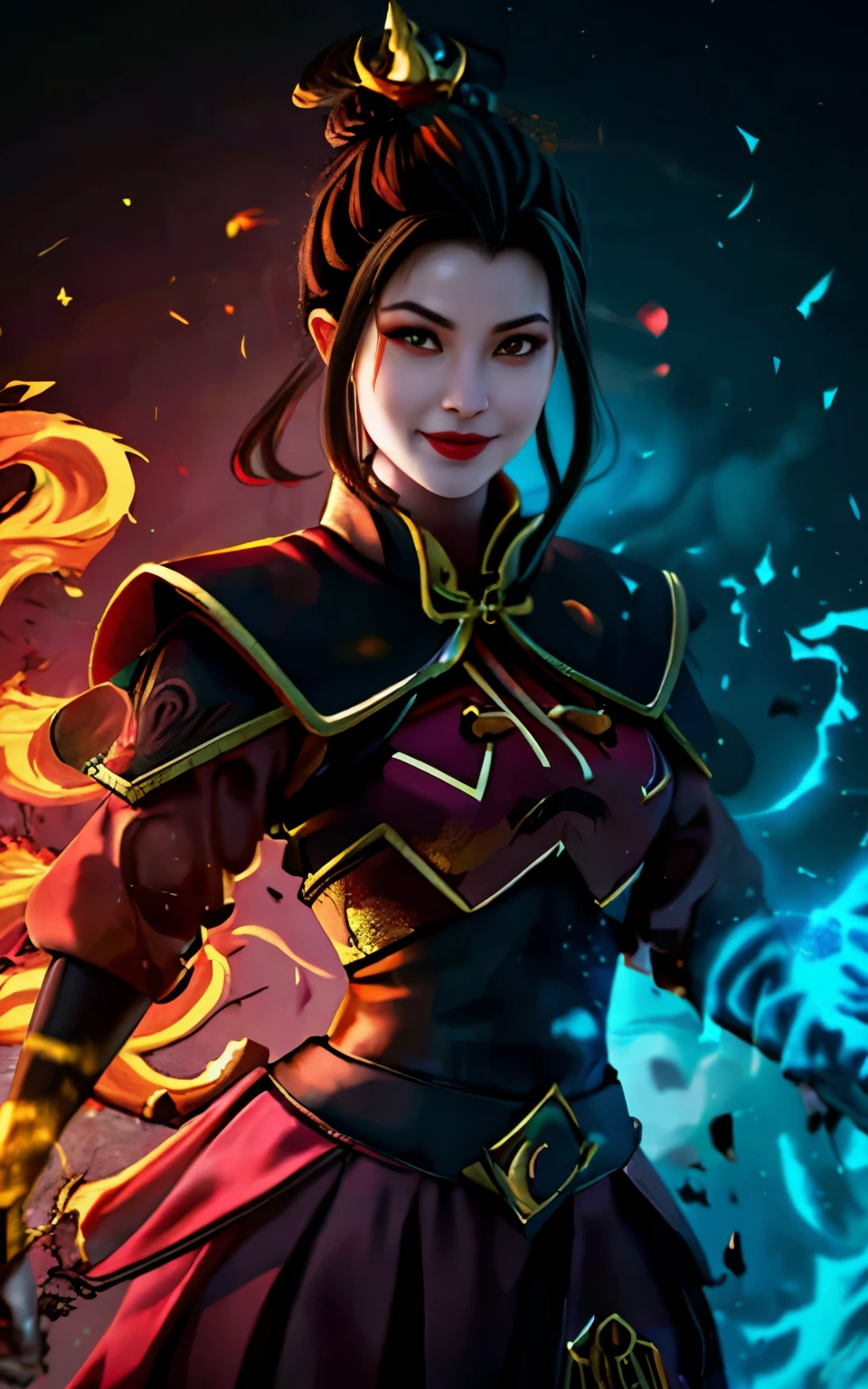 Azula in a red dress with a dragon on her chest, inspired by Ju Lian, fire mage, inspired by Li Mei-shu, half invoker half megumin, inspired by Pu Hua, appears as the fire goddess, bian lian, inspired by Cao Buxing, heise jinyao, the fire queen, fire dress, she has fire powers, blue fire, azula sexy pose,  naughty smile,  fire all body