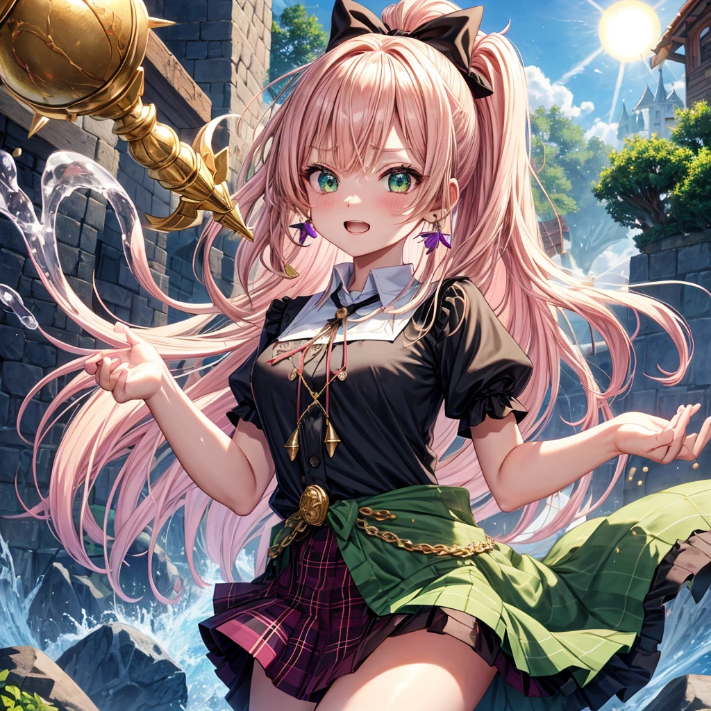 pink blonde、green eyes、one good looking girl、solo、anime、plaid mini skirt、the skirt has buttons、black camisole、black t-shirt、dress、wearing a ribbon、ribbon at waist、cloak、hood、clouds are swirling、stone slabs are piled up、one hand raised、crystal earrings、sun、teeth are visible、splash of water、vegetable garden、monster castle、ceiling、golden key、jewelry necklace、Light and shadow、meteorite