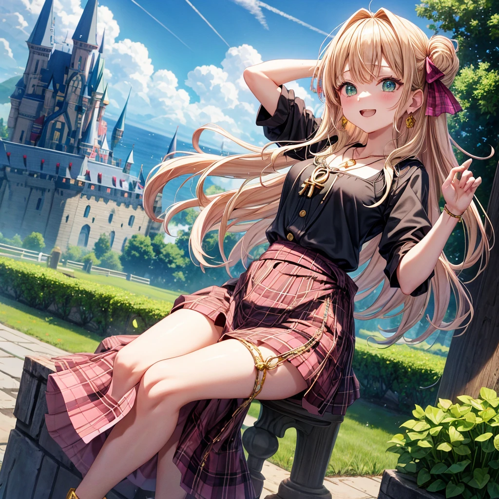 pink blonde、green eyes、one good looking girl、solo、anime、plaid mini skirt、the skirt has buttons、black camisole、black t-shirt、dress、wearing a ribbon、ribbon at waist、cloak、hood、clouds are swirling、stone slabs are piled up、one hand raised、crystal earrings、sun、teeth are visible、splash of water、vegetable garden、monster castle、ceiling、golden key、jewelry necklace、Light and shadow、meteorite