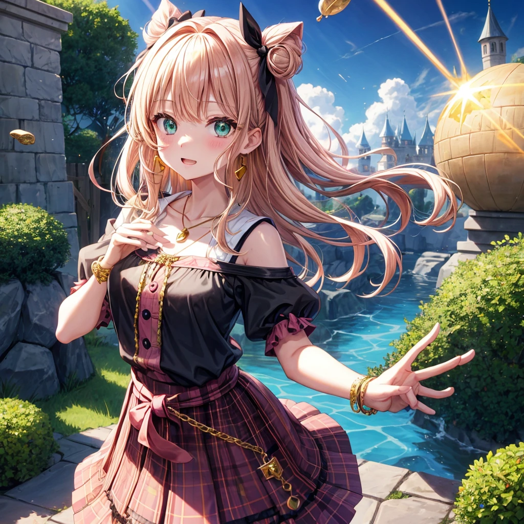 pink blonde、green eyes、one good looking girl、solo、anime、plaid mini skirt、the skirt has buttons、black camisole、black t-shirt、dress、wearing a ribbon、ribbon at waist、cloak、hood、clouds are swirling、stone slabs are piled up、one hand raised、crystal earrings、sun、teeth are visible、splash of water、vegetable garden、monster castle、ceiling、golden key、jewelry necklace、Light and shadow、meteorite