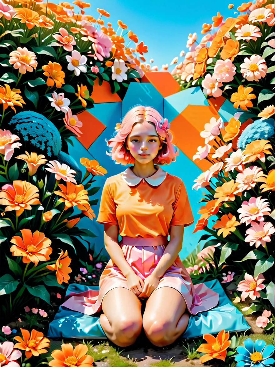 A girl sitting on the ground holding flowers,With a playful postmodernist flair,terrain photography,New American Color Photography,bright orange and sky blue,dark and light pink,vivid、exaggerated scenes,Made from flowers