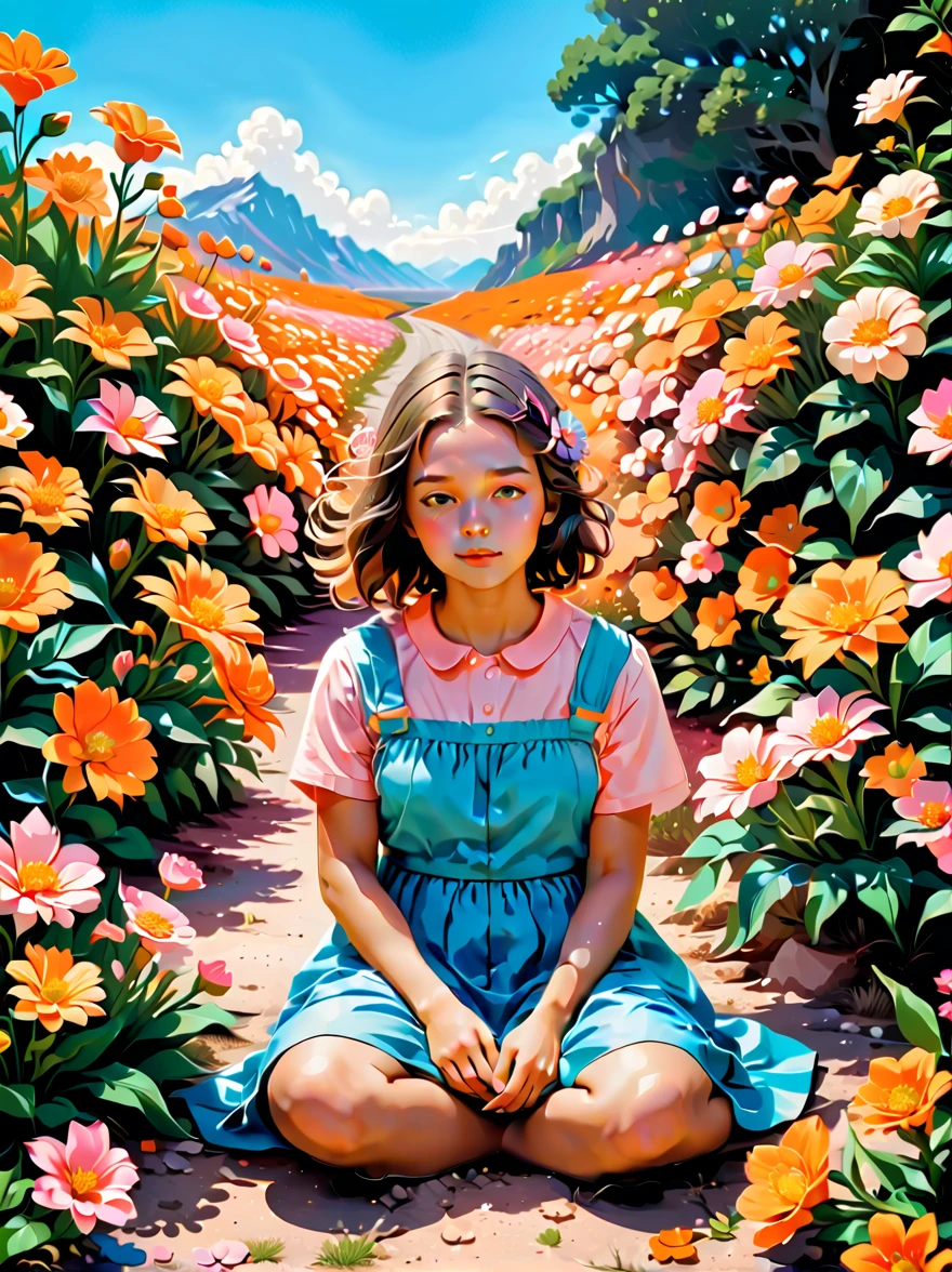 A girl sitting on the ground holding flowers,With a playful postmodernist flair,terrain photography,New American Color Photography,bright orange and sky blue,dark and light pink,vivid、exaggerated scenes,Made from flowers