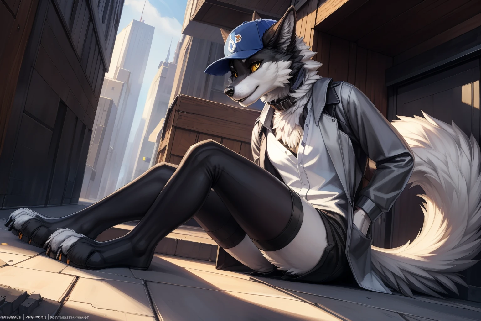 anime, an anthro black wolf(white fur chest,slim) in a hat((blue baseball hat)), black eyes with yellow sclera, fluffy wolf tail, a furry animal sitting on the groundfloor sidewalk in a city, pov furry art, anthro art, furry art, very very beautiful furry art, furry fursona, fursona wearing stylish clothes(yellow armless shirt,black short shorts, black digitigrade kneesocks),digitigrade wolf, hands on waist, fursona furry art commission, fursona art, furry wolf, furry fantasy art, (sfw) safe for work, stable diffusion, isometric diffusion,hd ,high detailes, masterpiece oil painting, realistic fur, warm light, by pixelsketcher:0.4