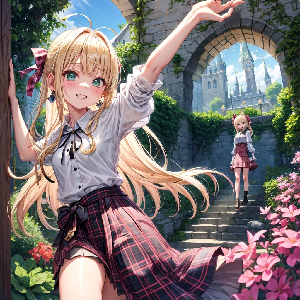 pink blonde、green eyes、one good looking girl、solo、anime、plaid mini skirt、the skirt has buttons、black camisole、black t-shirt、dress、wearing a ribbon、ribbon at waist、cloak、hood、clouds are swirling、stone slabs are piled up、one hand raised、crystal earrings、sun、teeth are visible、splash of water、vegetable garden、monster castle、ceiling、golden key、jewelry necklace、Light and shadow、window