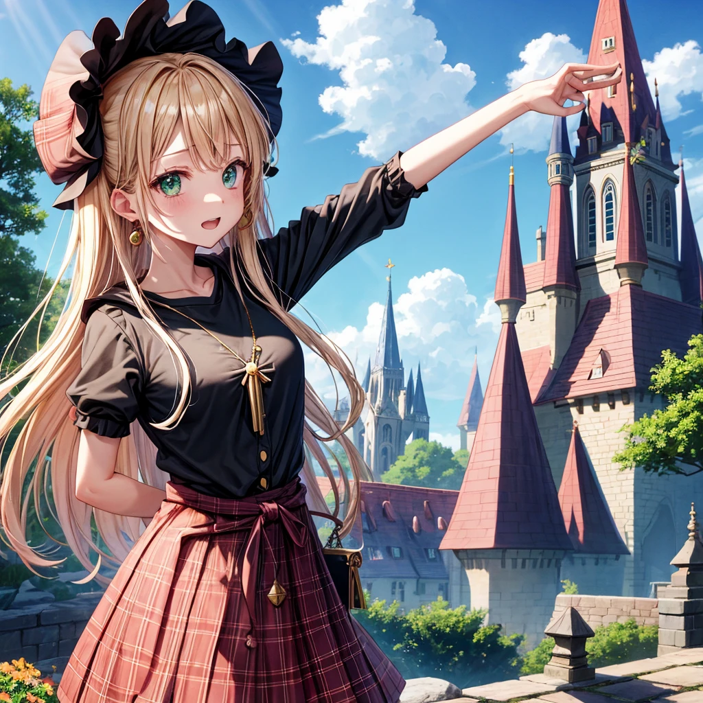 pink blonde、green eyes、one good looking girl、solo、anime、plaid mini skirt、the skirt has buttons、black camisole、black t-shirt、dress、wearing a ribbon、ribbon at waist、cloak、hood、clouds are swirling、stone slabs are piled up、one hand raised、crystal earrings、sun、teeth are visible、splash of water、vegetable garden、monster castle、ceiling、golden key、jewelry necklace、Light and shadow、window