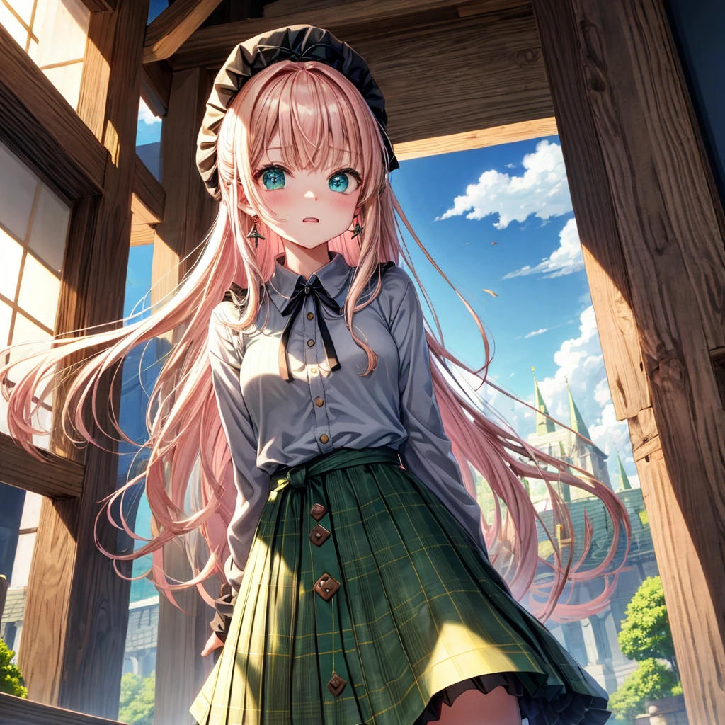 pink blonde、green eyes、one good looking girl、solo、anime、plaid mini skirt、the skirt has buttons、black camisole、black t-shirt、dress、wearing a ribbon、ribbon at waist、cloak、hood、clouds are swirling、stone slabs are piled up、one hand raised、crystal earrings、sun、teeth are visible、splash of water、vegetable garden、monster castle、ceiling、golden key、jewelry necklace、Light and shadow、window