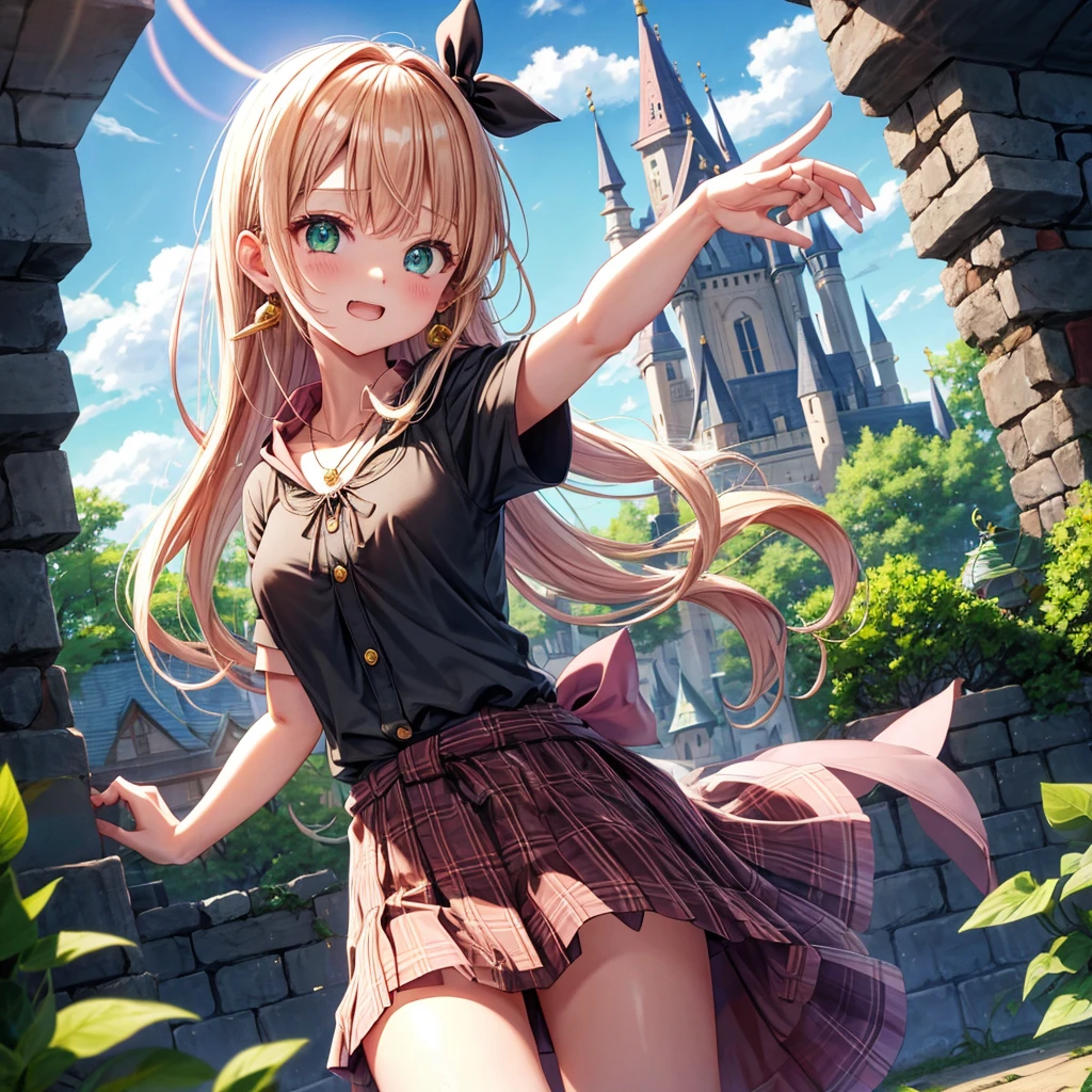 pink blonde、green eyes、one good looking girl、solo、anime、plaid mini skirt、the skirt has buttons、black camisole、black t-shirt、dress、wearing a ribbon、ribbon at waist、cloak、hood、clouds are swirling、stone slabs are piled up、one hand raised、crystal earrings、sun、teeth are visible、splash of water、vegetable garden、monster castle、ceiling、golden key、jewelry necklace、Light and shadow、window