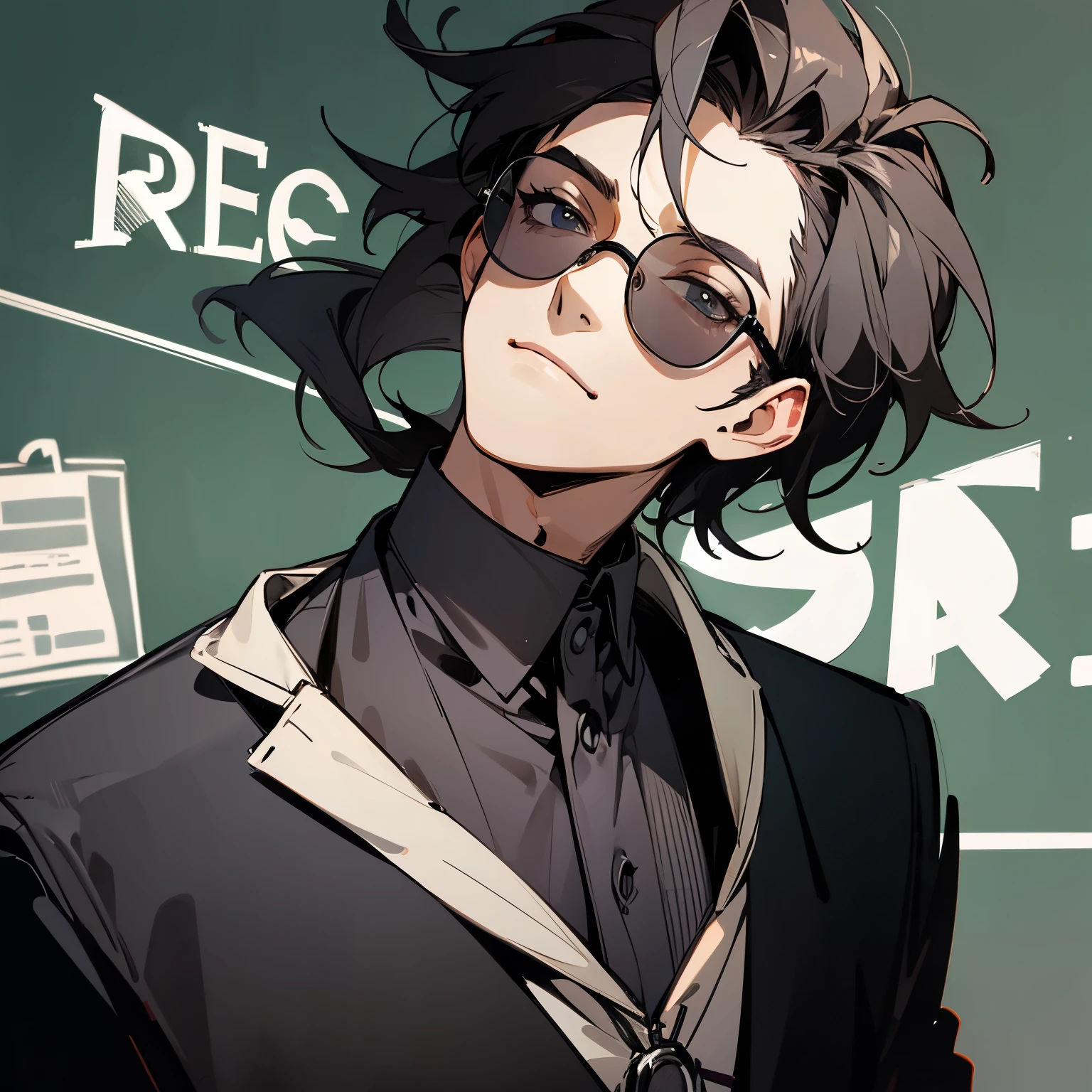 look up　doctor　male　sunglasses　blackboard